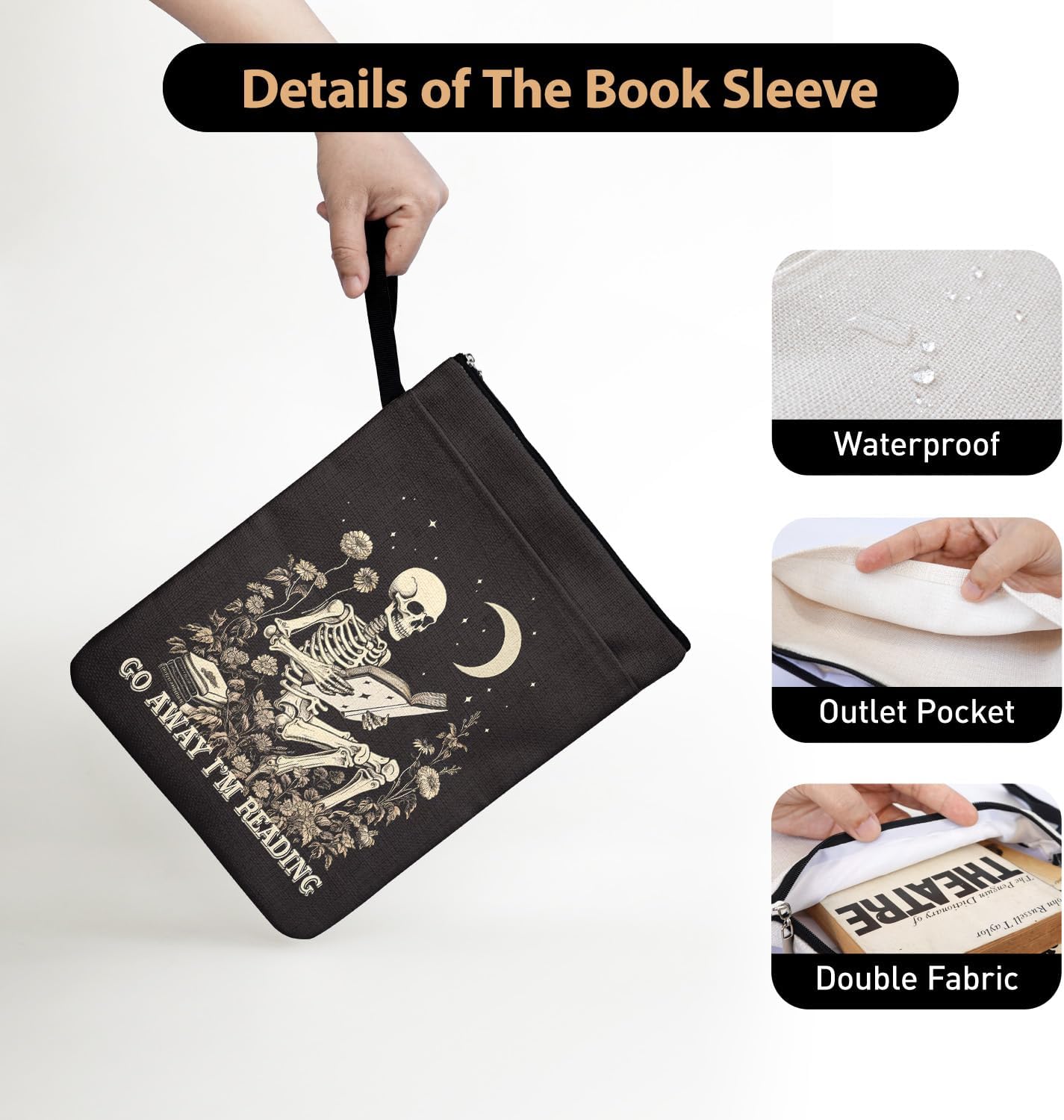 Go Away I'm Reading Book Sleeve for Book Lovers Bookish, Skeleton Gothic Book Cover Gifts for Friends Students Teachers Book Club Bookworm Women Birthday Graduation Reading Day