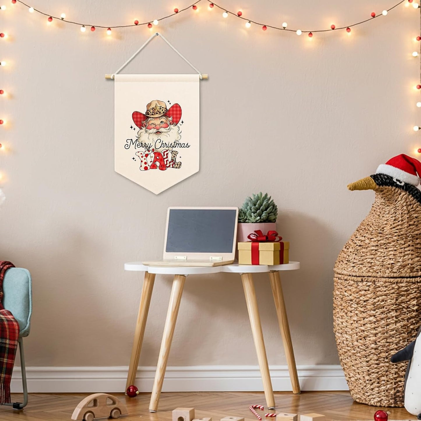 Merry Christmas Y'all Santa Kids Room Decor, Western Cowboys Cowgirls Banner Canvas, Rustic Winter Wall Hanging Frame Decor Art Pennant Flag for Toddler Room Playroom 11x15in