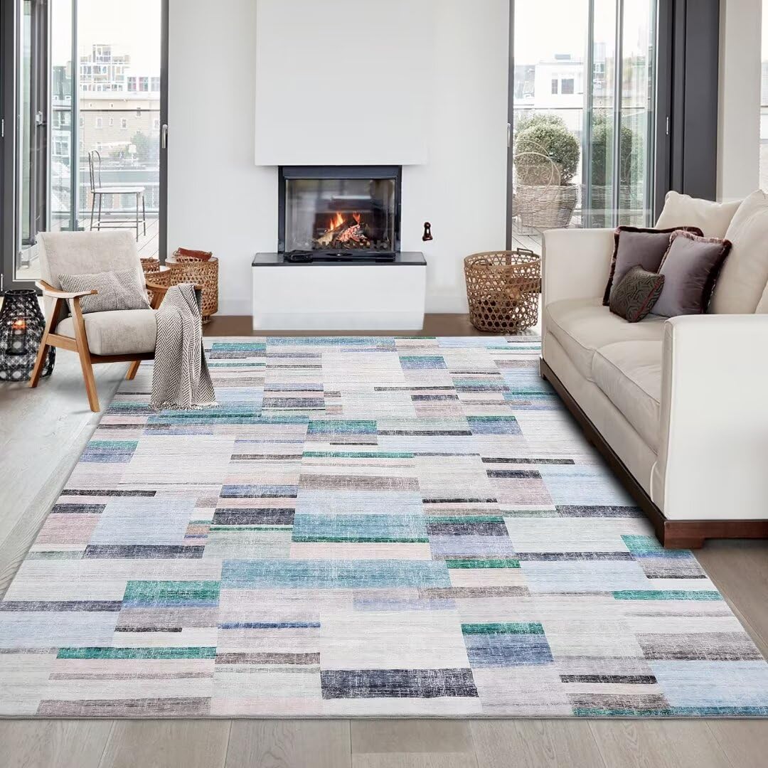 WESTLOOM Washable Bedroom Rug 5x7 Modern Abstract Floor Cover Indoor Non-Slip Low-Pile Geometric Rug Contemporary Accent Carpet for Living Room Nursery, Blue