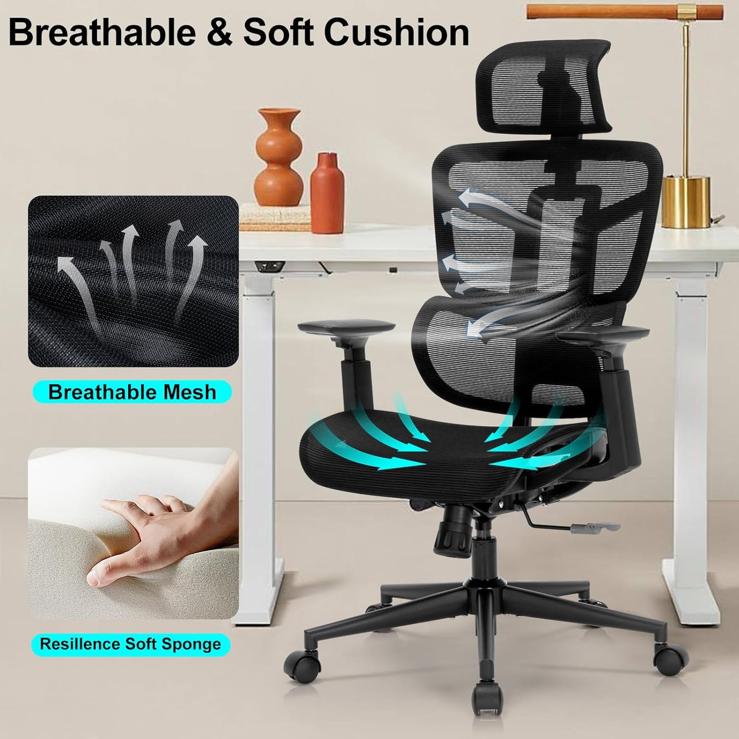 Ergonomic Office Chair, Desk Chair with Adjustable Height, Lumbar Support, High Back Mesh Computer Chairs with Flip up Armrests Support Home Gmaing Desk Chair, 360°Swivel, Tilt Lock and Wide Cushion