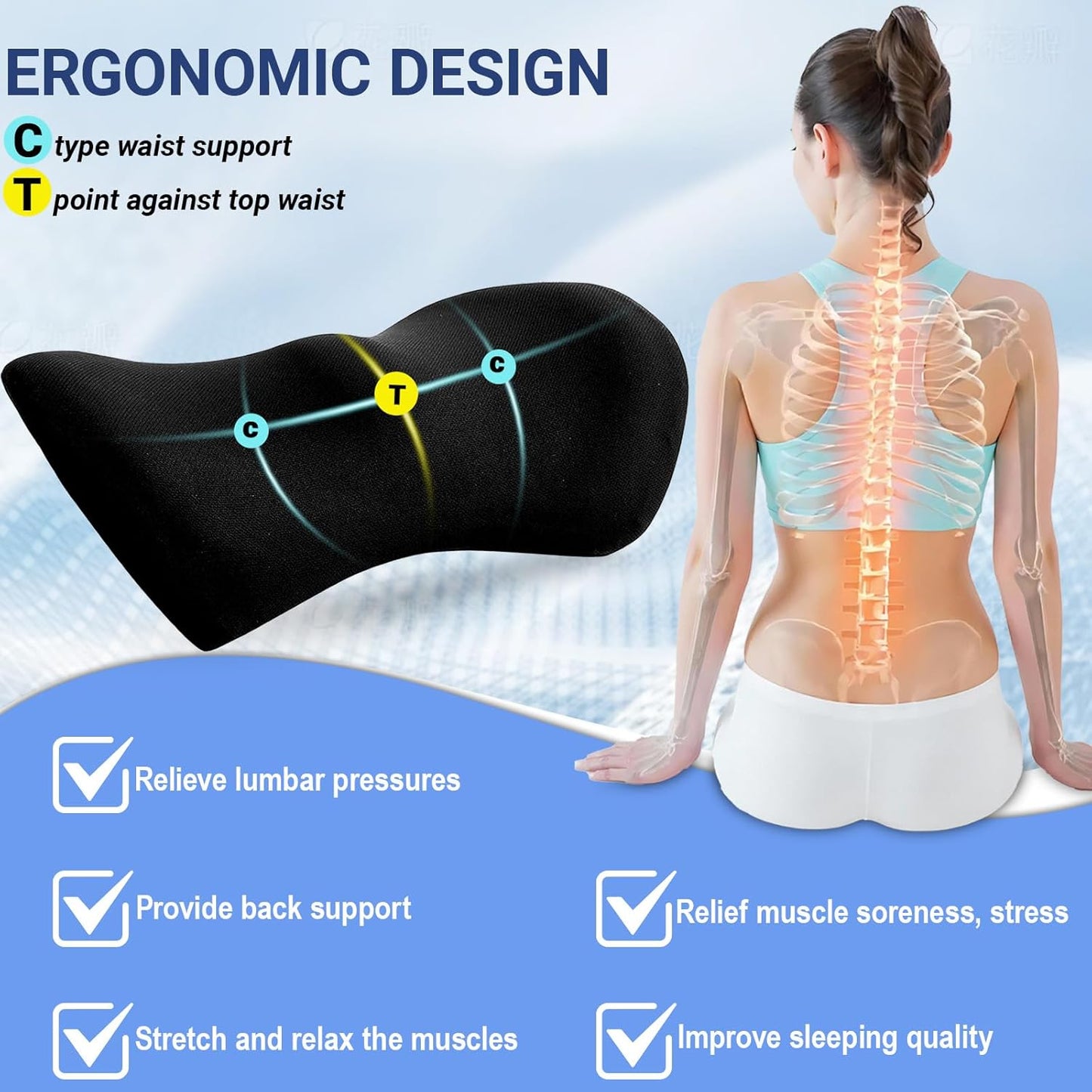Lumbar Pillow with Adjustable Strap, Memory Foam Lumbar Support Pillow for Office Chair and Car Seat, Back Pillow for Lower Back, Back Support Pillow for Sitting, Driving, Traveling