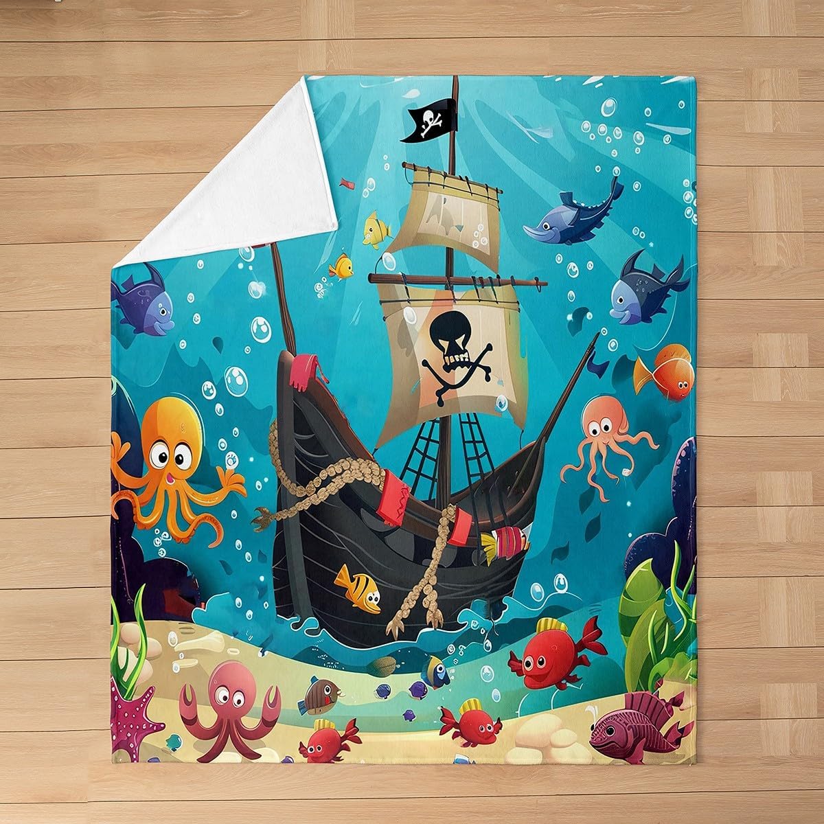 Cartoon Pirate Ship Throw Blanket 40x50 Marine Adventure Fleece Blanket for Kids Underwater Ocean Fish Flannel Blanket All Season Cute Octopus Jellyfish Plush Blanket