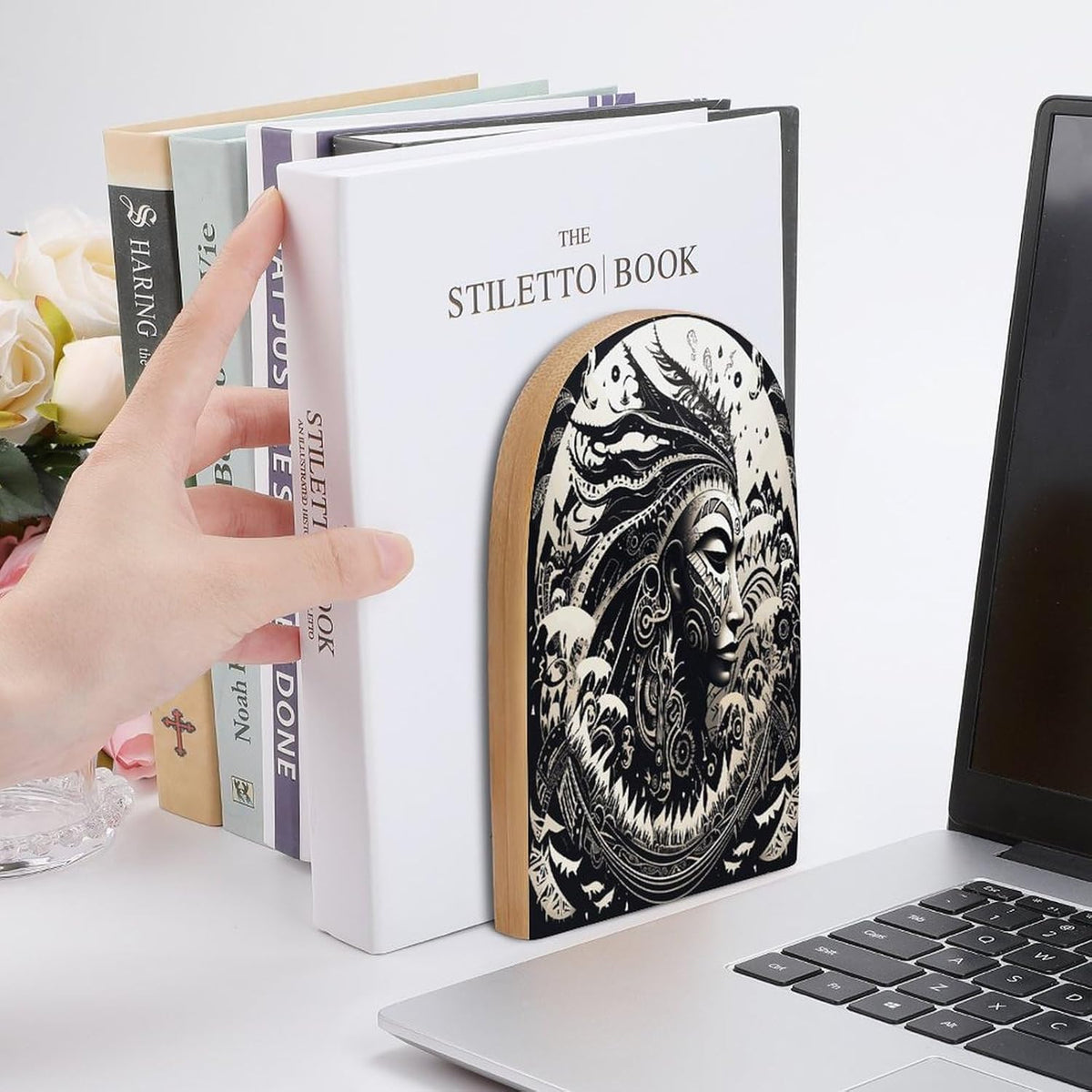 White and Black Tribal Illustration Wooden Bookend Non-Slip Book Ends Heavy Duty Book Stopper with Metal Base Books Holderd Decorative Bookends Stands Firmly for Office Supplies