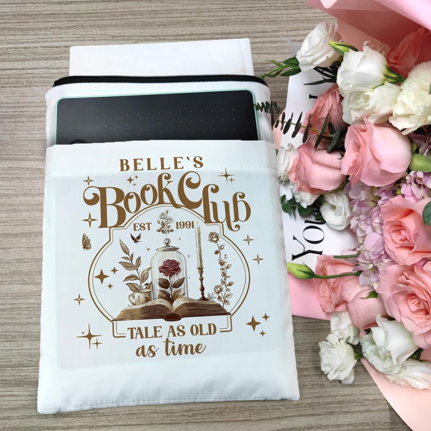 Tale As Old As Time Belle's Book Sleeve, Book Covers with Zipper, Book Lovers, Book Pouch Kindle Protector, Gifts for Women Teacher Librarian Bookworm Bookish (White-C, Large)