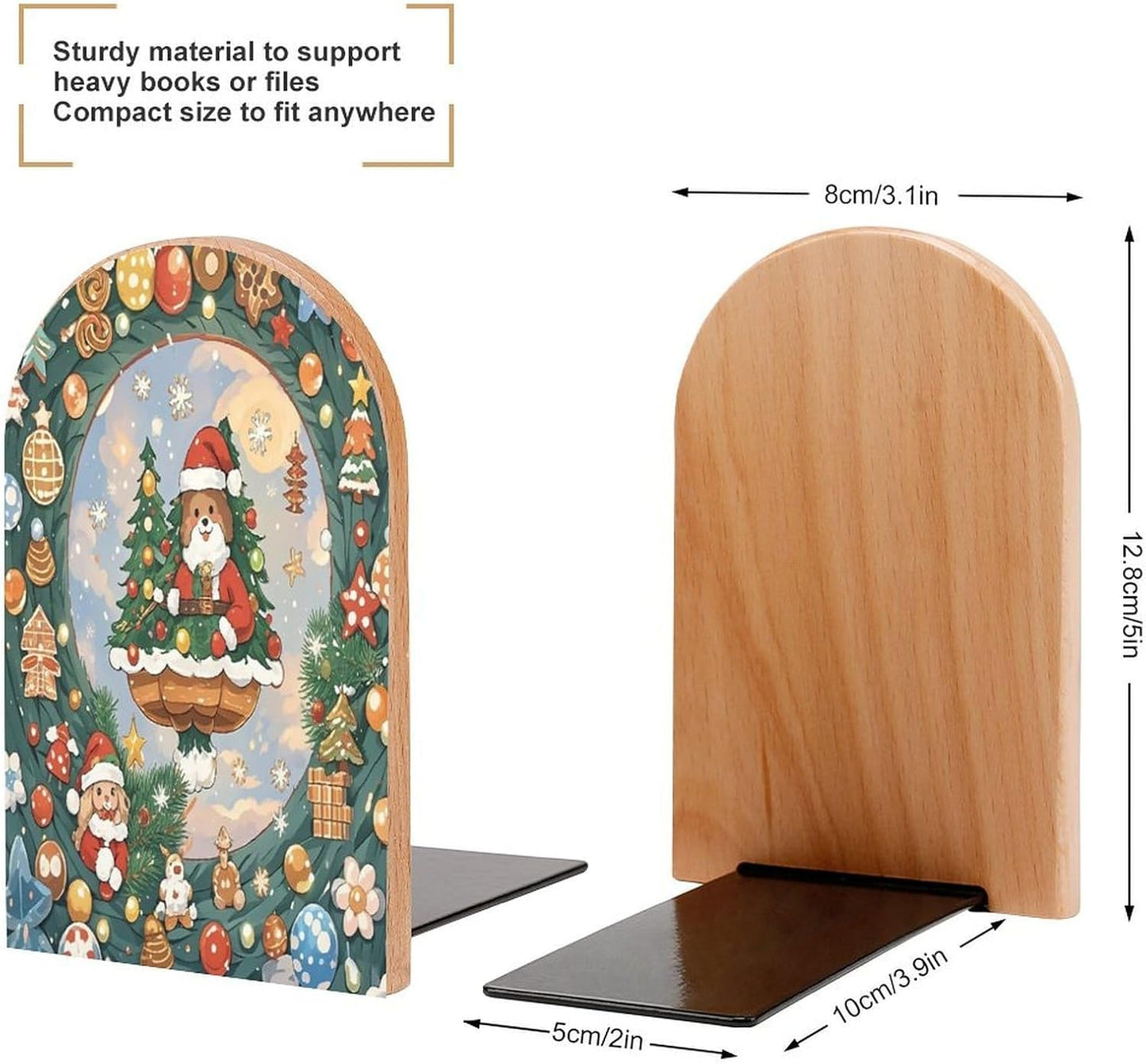 Christmas Aesthetic Bookends 1 Pair Heavy Duty Book Ends for Shelves Non-Skid Bookend Supports Wooden Book Holders with Metal Base Desk Organizers Books Storage to Hold Books