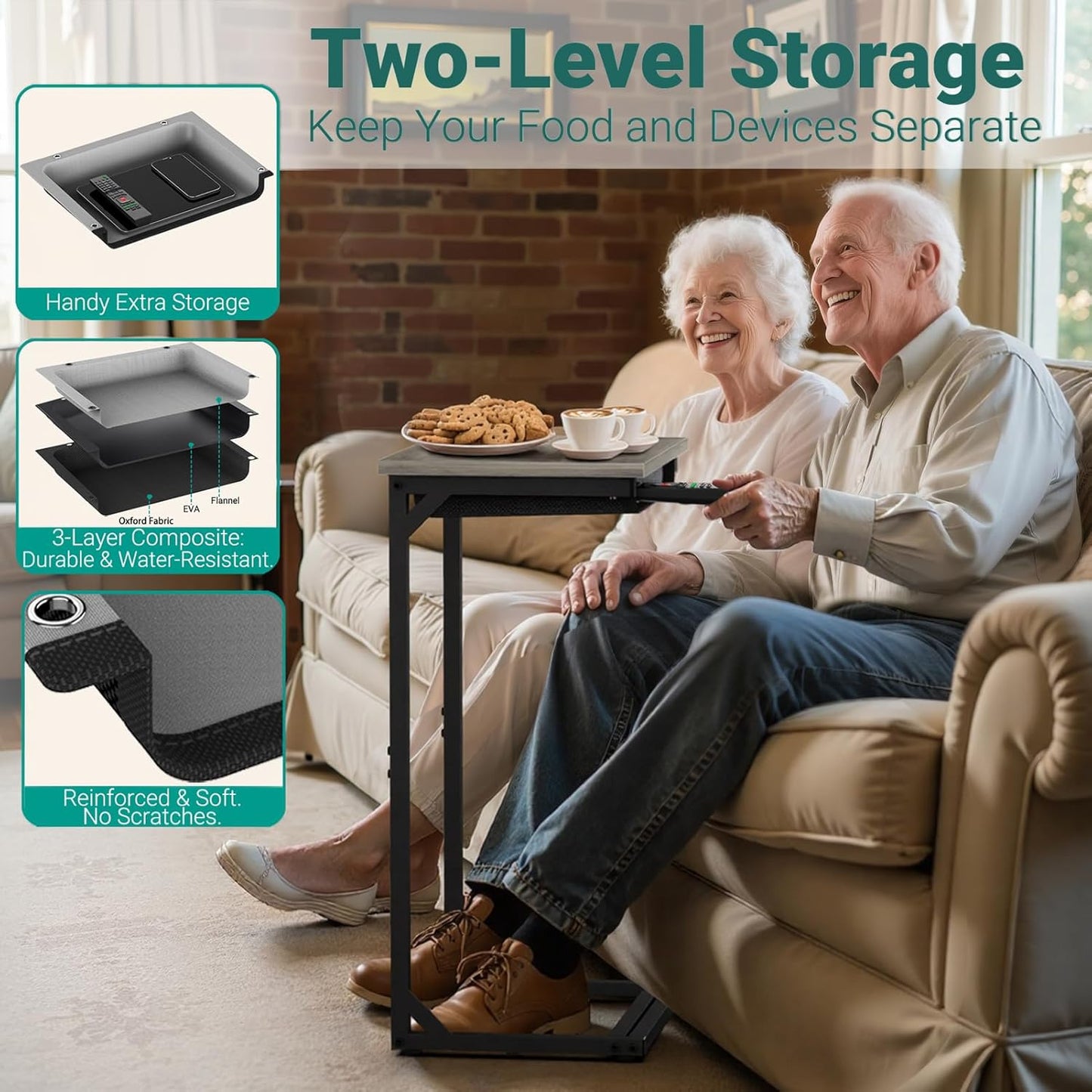 C Shaped End Table with Cubby, Reinforced Base Small Couch Tables That Slide Under, 27”H C Table for Sofa, TV Tray Table for Eating, Couch Side Table for Small Spaces, Living Room, Bedroom