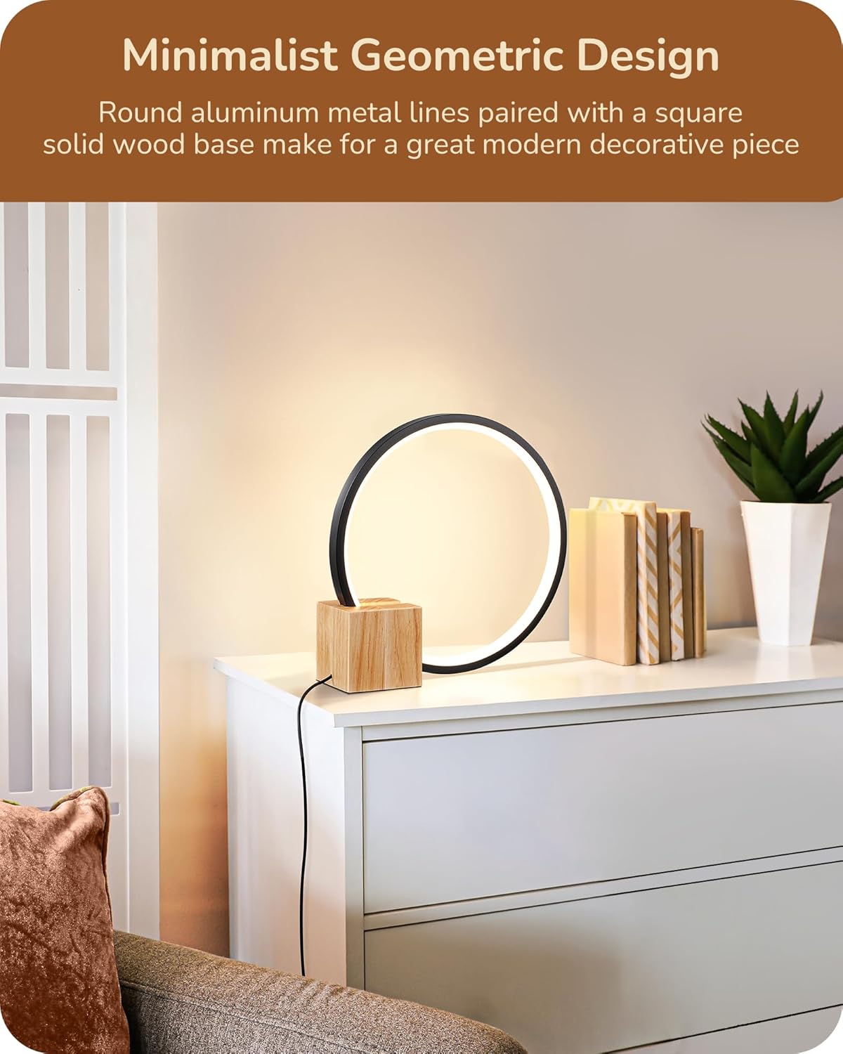 EDISHINE Modern LED Table Lamp, Bedside Lamp with One-Piece Solid Wood Base, 3 Color Temperature & Stepless Dimmable, Nightstand Lamp for Bedroom, Living Room, Reading Room 540LM 12W