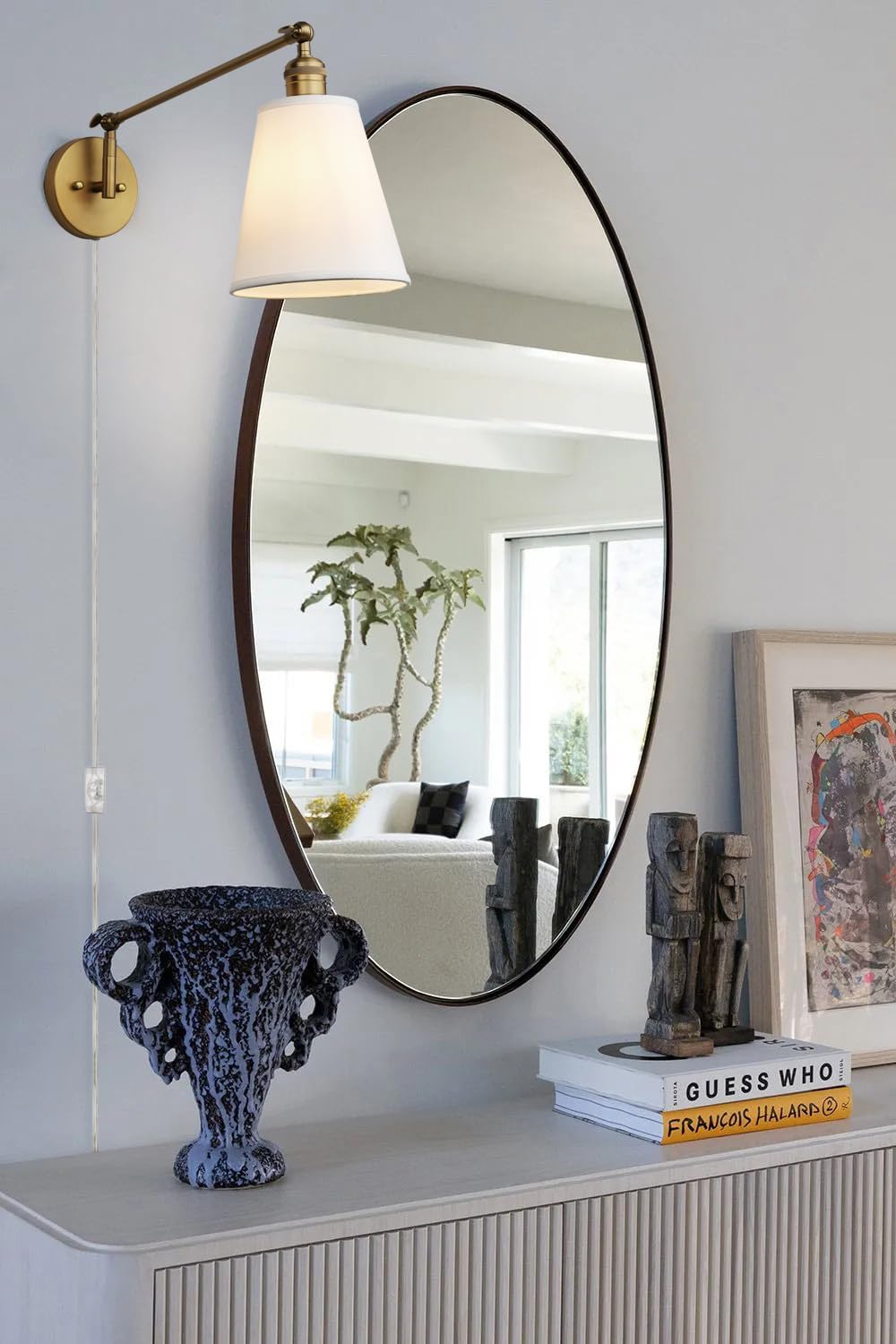 PERMO Retro Swing Arm Wall Sconce Plug in Wall Lamp Single Sconce Light Fixture with White Fabric Shade for Bedroom Living Room Home Office
