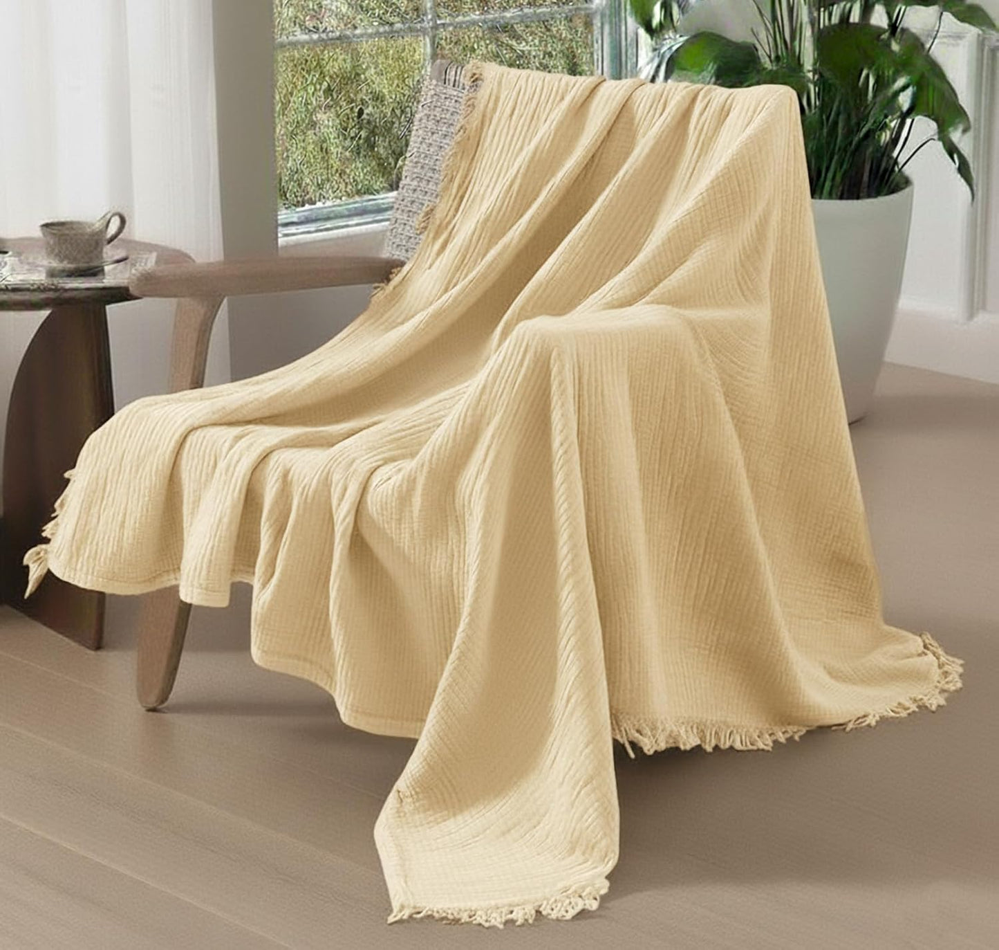 KyraHome Muslin Blankets for Adults Kids 60"x80",100% Organic Cotton Plant Dyed, Lightweight Breathable Gauze Cotton Throw Blanket for Couch, All Season (Shortbread/Creamy)