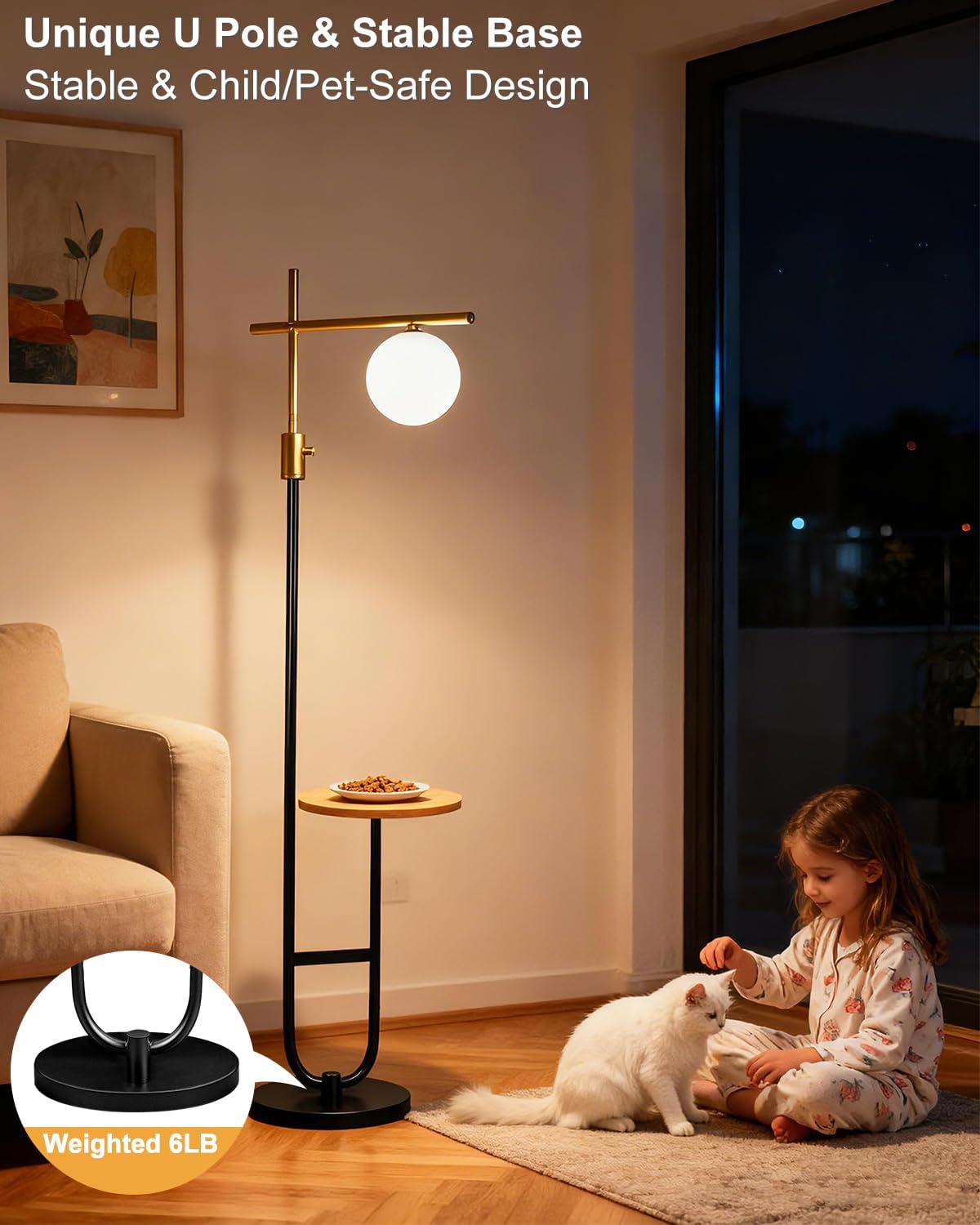 Floor Lamp with Shelves, Modern Standing Tall Lamp with Milky White Globe Lampshade, Cross-Shaped Lamp Head and U-Pole Base Style Floor Lamps for Living Room, 66IN Gold & Black Dimmable