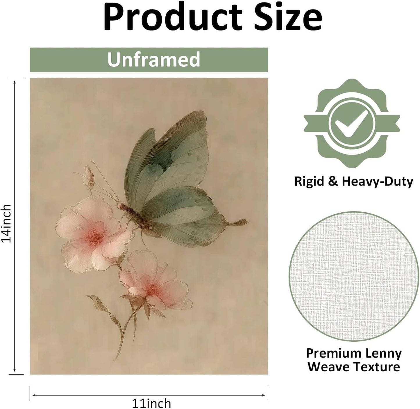Vintage Butterfly Floral Wall Art Print, Green Butterfly with Pink Flowers, Soft Boho Botanical Illustration Poster, Unframed Linen Textured Art for Bedroom Living Room, 8x10 or 11x14 Inch (11X14)