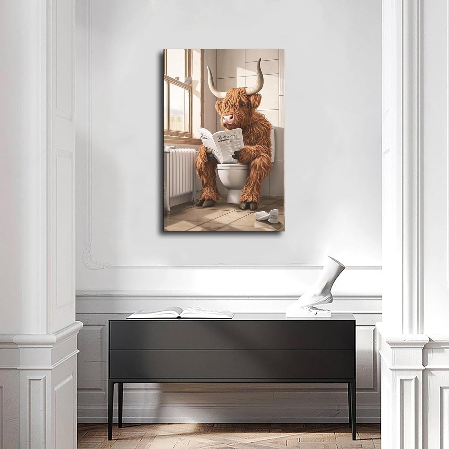 chenmjj Highland Cattle Sitting on Toilet and Reading Newspaper Print Poster Picture HD Print Poster Retro Painted Modern Home Bedroom Room Aesthetic Decoration Canvas Art (16x24inch Framed)