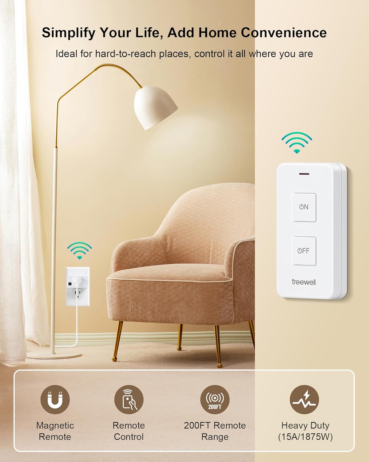 Remote Control Outlet with 2 Remotes, 200FT Long Range Wireless On Off Switch, Mini Electrical Outlet Plug, 15A/1875W High-Power for Lamps, Lights, Household Appliances, ETL & FCC Listed