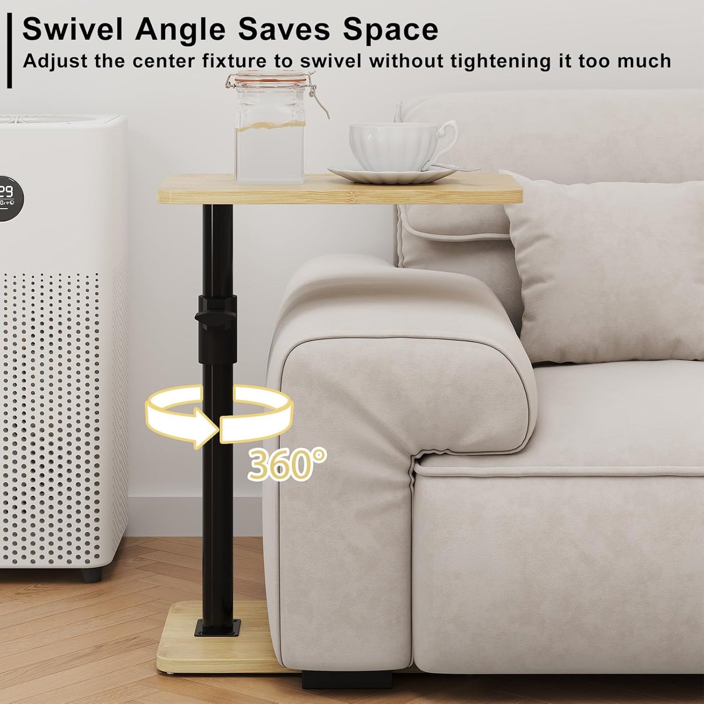 Sofa Armrest Tray Table - 360° Bamboo Swivel TV Trays - Height Adjustable Side Table for Bed or Chair with Phone and Tablet Slots - End Tables for Small Spaces