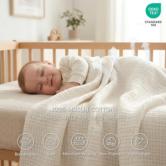 David's Home Pre-Washed 100% Cotton Muslin Throw Blanket, 4-Layer Soft Throw for Bed Couch, Breathable & Lightweight Blankets for Adults Hot Sleepers, Room Decor, Luxury Gift, Birch, 50 * 60"