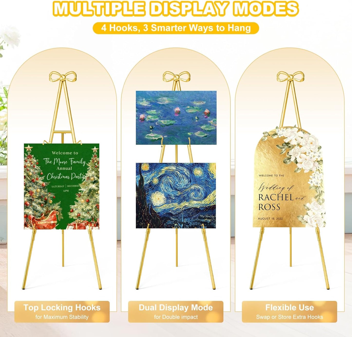Interchangeable Bow & Star Top Gold Easel Stand for Sign, 62"–47" Height Adjustable Heavy Duty Wedding Easel Stand with 3 Display Modes — Perfect for Welcome Signs, Christmas Decor, Parties & Events
