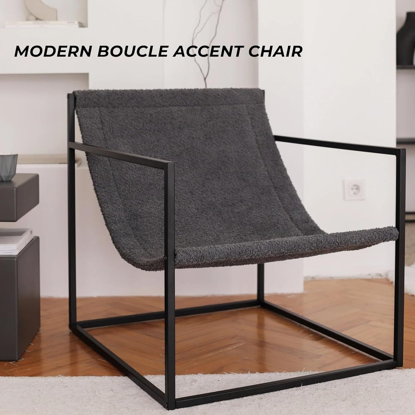 Modern Designer Luxury Boucle Accent Chair with Metal Cube Frame - Minimalist Cozy Lounge Armchair - Relaxing Lazy Hammock Style (Anthracite)