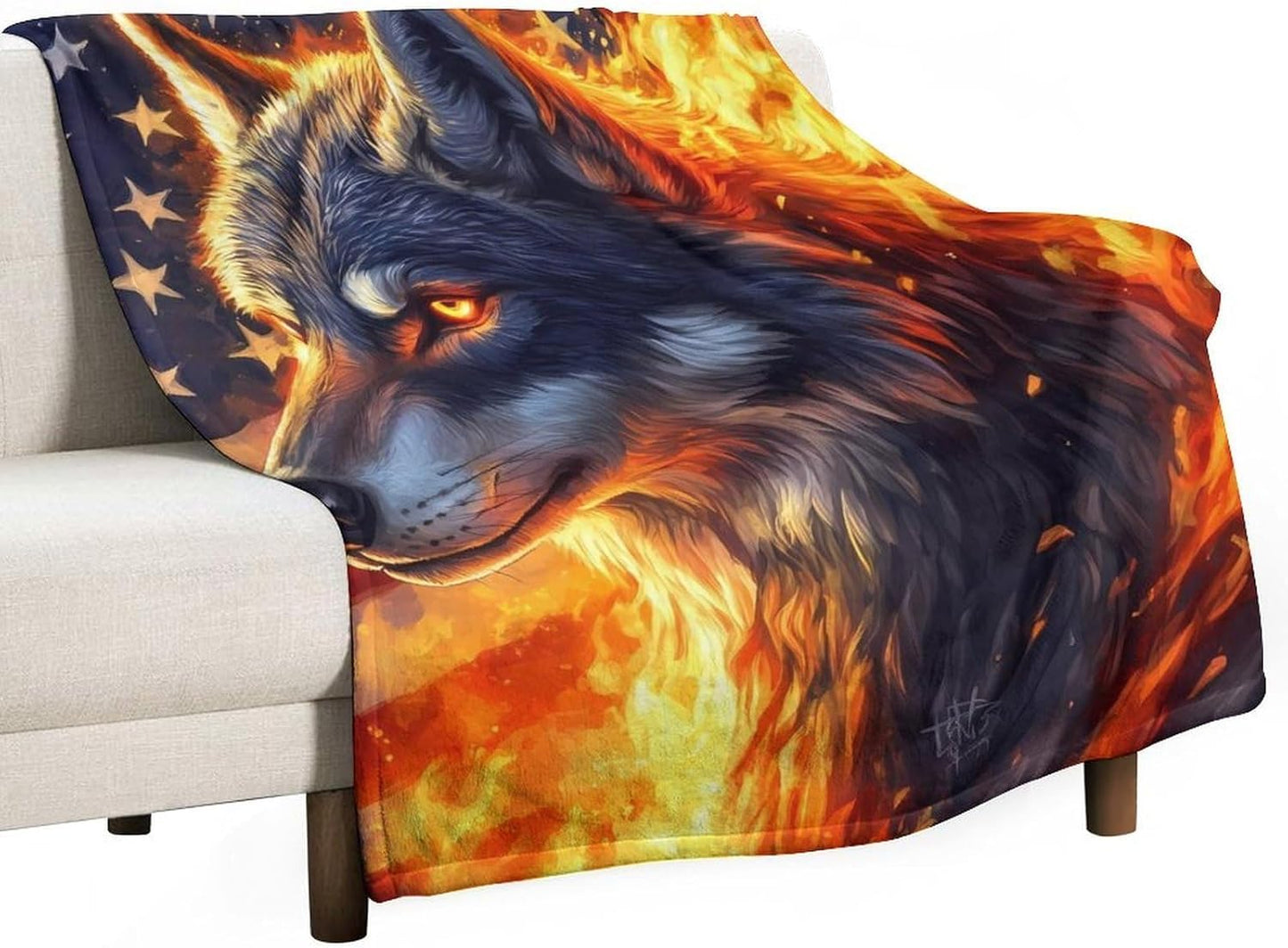 Fire Wolfs Flag of USA Throw Blanket for Couch Bed Plush Cozy Fuzzy Flannel Blanket for All Season 50"x60"