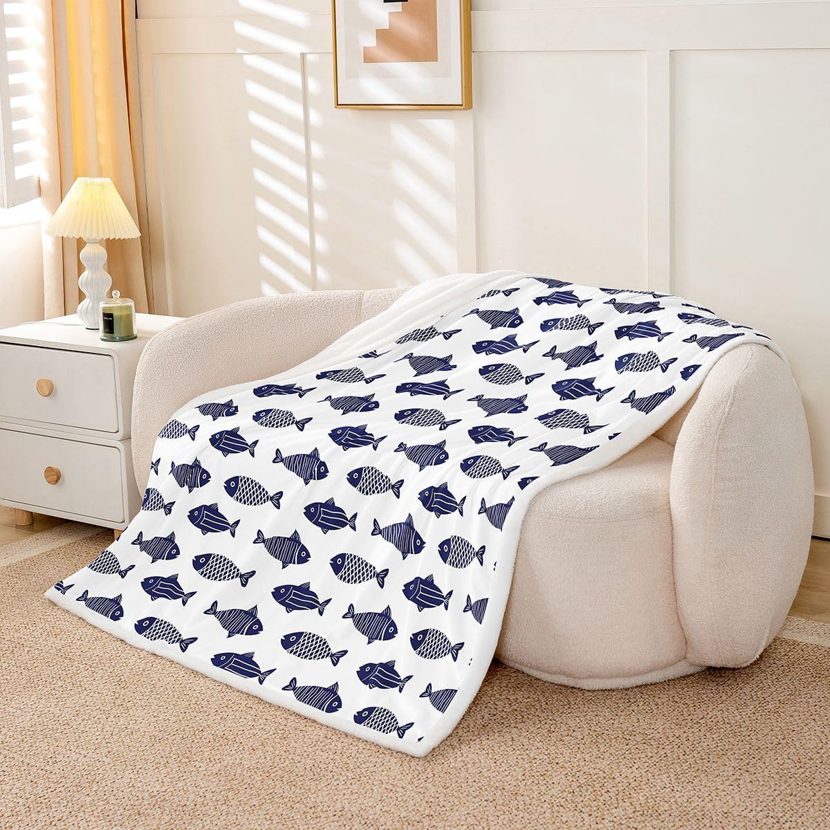 Feelyou Fishes Sherpa Throw Blanket for Couch Blue Fish Super Soft Cozy Fleece White Blue Floral Blanket for Winter, Plush Throw Nautical 40"x50" All Season