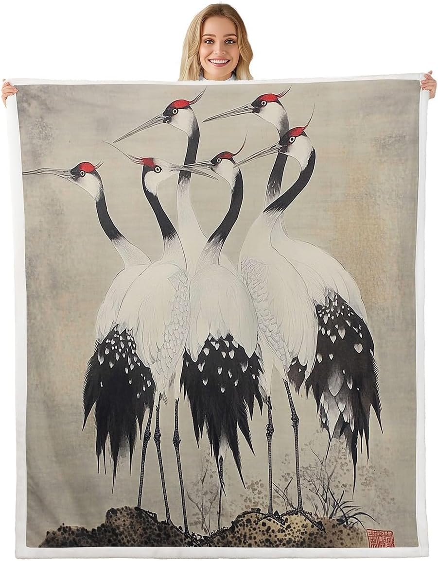 Feelyou Red-Crowned Crane Fleece Throw Blanket Throw 50"x60" Kids Chinese Style Sherpa Blanket for Boys Girls Teens Chinese Oriental Traditional Culture Plush Blanket Fuzzy Blanket Flannal Blanket