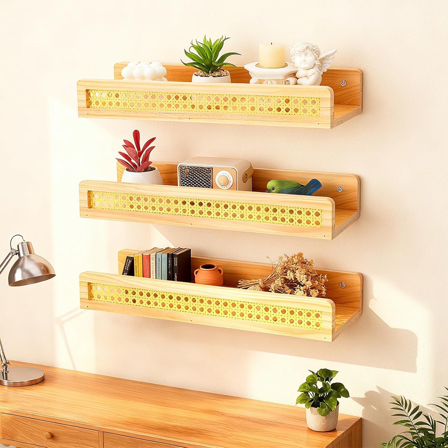 Zoyiancy 3 Pcs Rattan Wall Shelf, Natural Wooden Wall Mounted Floating Shelves, Decorative Picture Ledge Wicker Nursery Bookshelves for Bedroom, Kitchen, Living Room, Office
