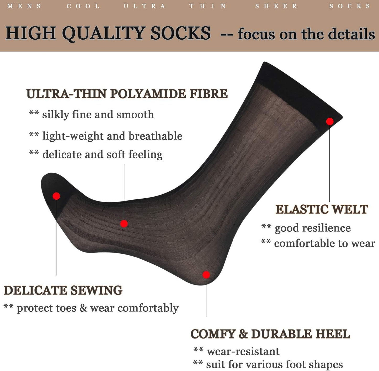 Uaussi 10 Pairs Mens Ultra Thin Dress Socks Silk Sheer Business Socks Soft Nylon Work Trouser Sox Mid Calf