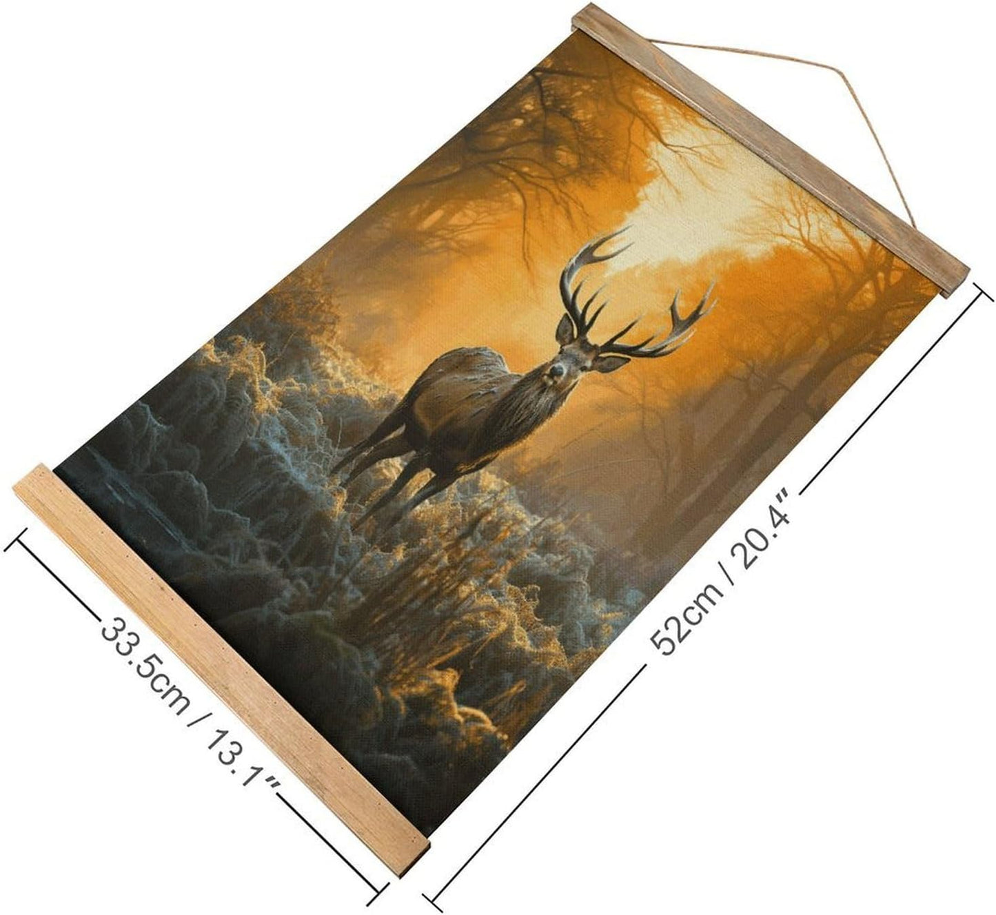 Vintage Deer in Forest Poster with Wooden Frame Personalized Linen Hanging Scroll Painting Rustic Wall Hanging Illustrative Modern Artwork Decor for Home Living Room Bedroom Office