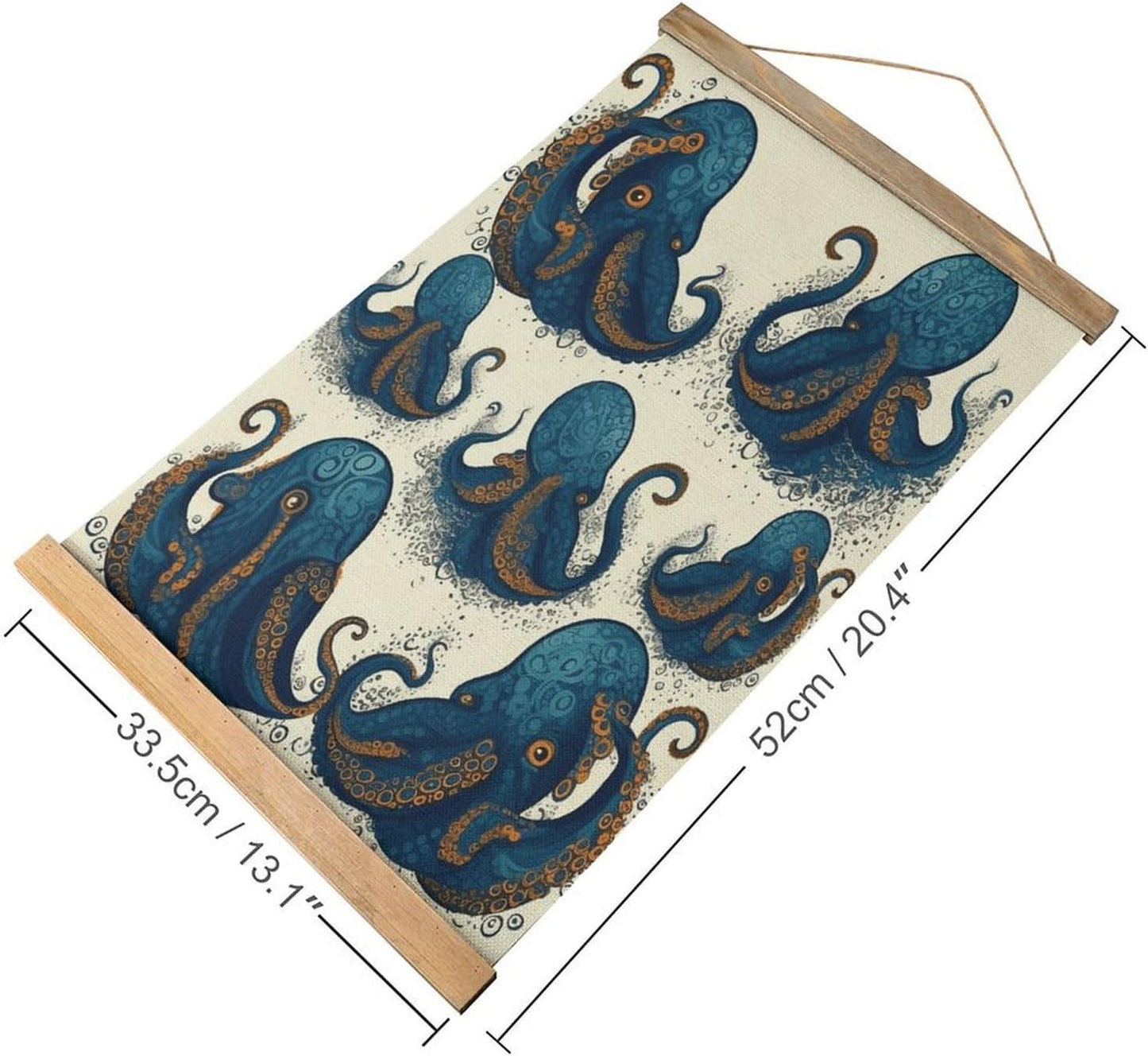Vintage Tentacles Octopus Poster with Wooden Frame Personalized Linen Hanging Scroll Painting Rustic Wall Hanging Illustrative Modern Artwork Decor for Home Living Room Bedroom Office