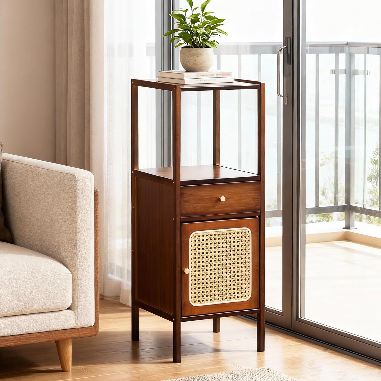 3-Tier Narrow Wood Bookcase with Rattan Door & Drawer — Mid-Century Modern, Walnut