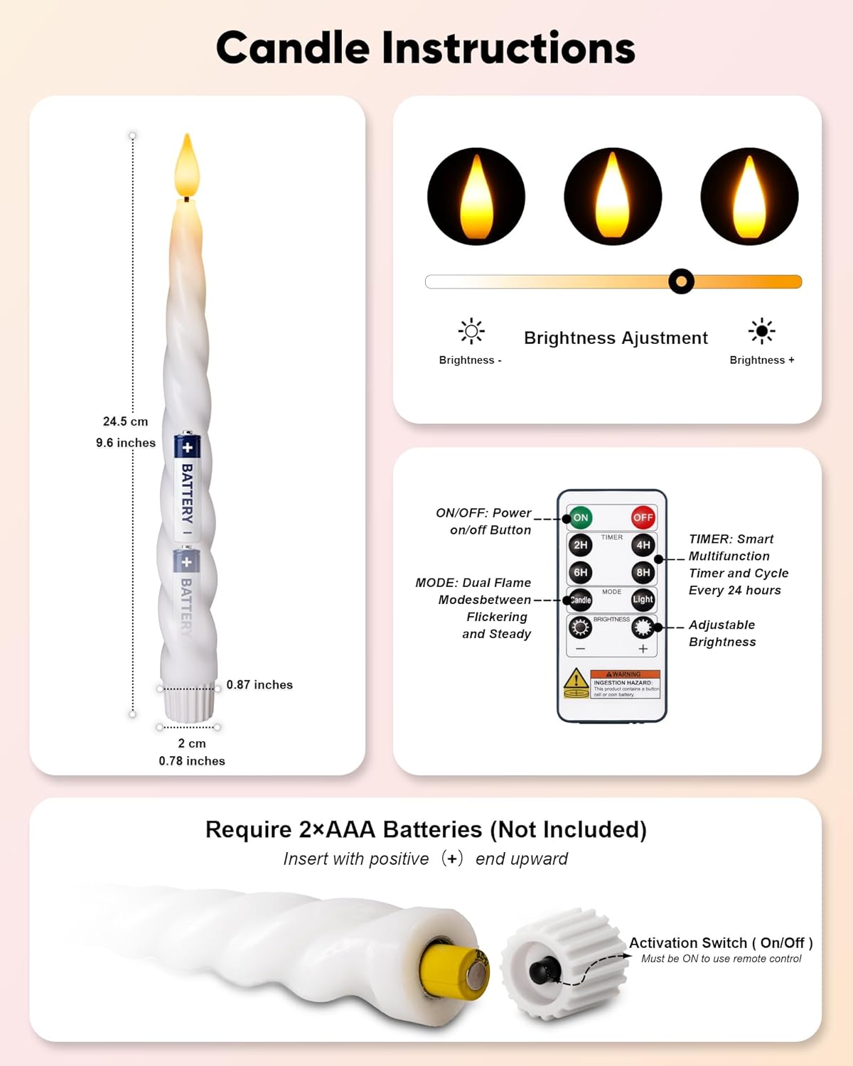 Flickering Flameless Taper Candles with Timer, Real Wax White Twisted Taper Candles Battery Operated, 9.6 Inch Led Candlesticks with Remote Control for Christmas, Wedding, Home Decor
