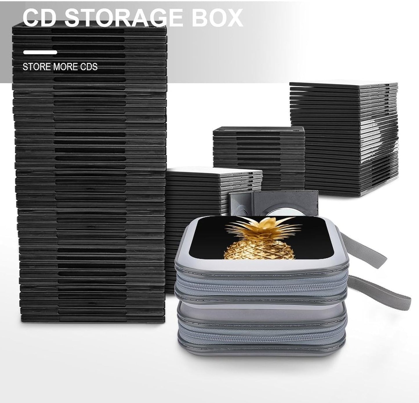 Gold Pineapple CD Case 40 Capacity Case Zipper CD Collection Bag with Handles Cover DVD Storage Hard Plastic DVD Disc Cases Storage Binder for Car Home Office Travel