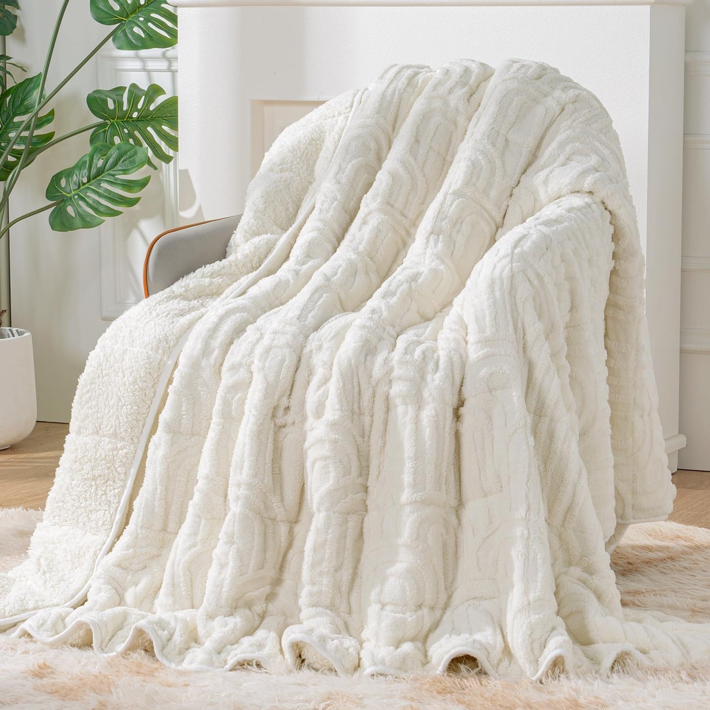 Sherpa Fleece Adult Weighted Blanket Great for Sleep, 15 lbs Dual Sided Soft Fuzzy Heavy Blankets for Couch Bed Sofa, Cozy Warm Arched Jacquard Throw for Winter (Cream White, 60" x 80", 15 Pounds)