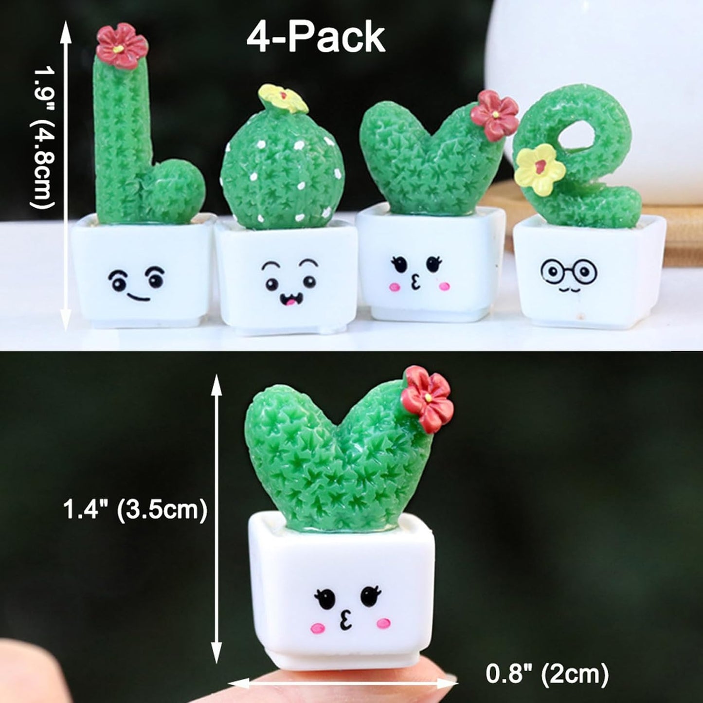 4-Pack Mini Cactus Car Dashboard Decorations - Love Resin Cactus Ornaments Car Dashboard Accessories for Car, Home, Office, Table, Mantel, Shelf