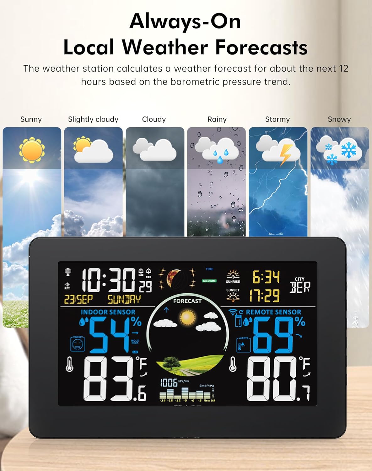 Weather Station Wireless Indoor Outdoor Thermometer, 7.5" VA Display with Remote Sensor, Home Weather Station with Weather Forecast, Temperature, Humidity, Atomic Clock, Moon Phase