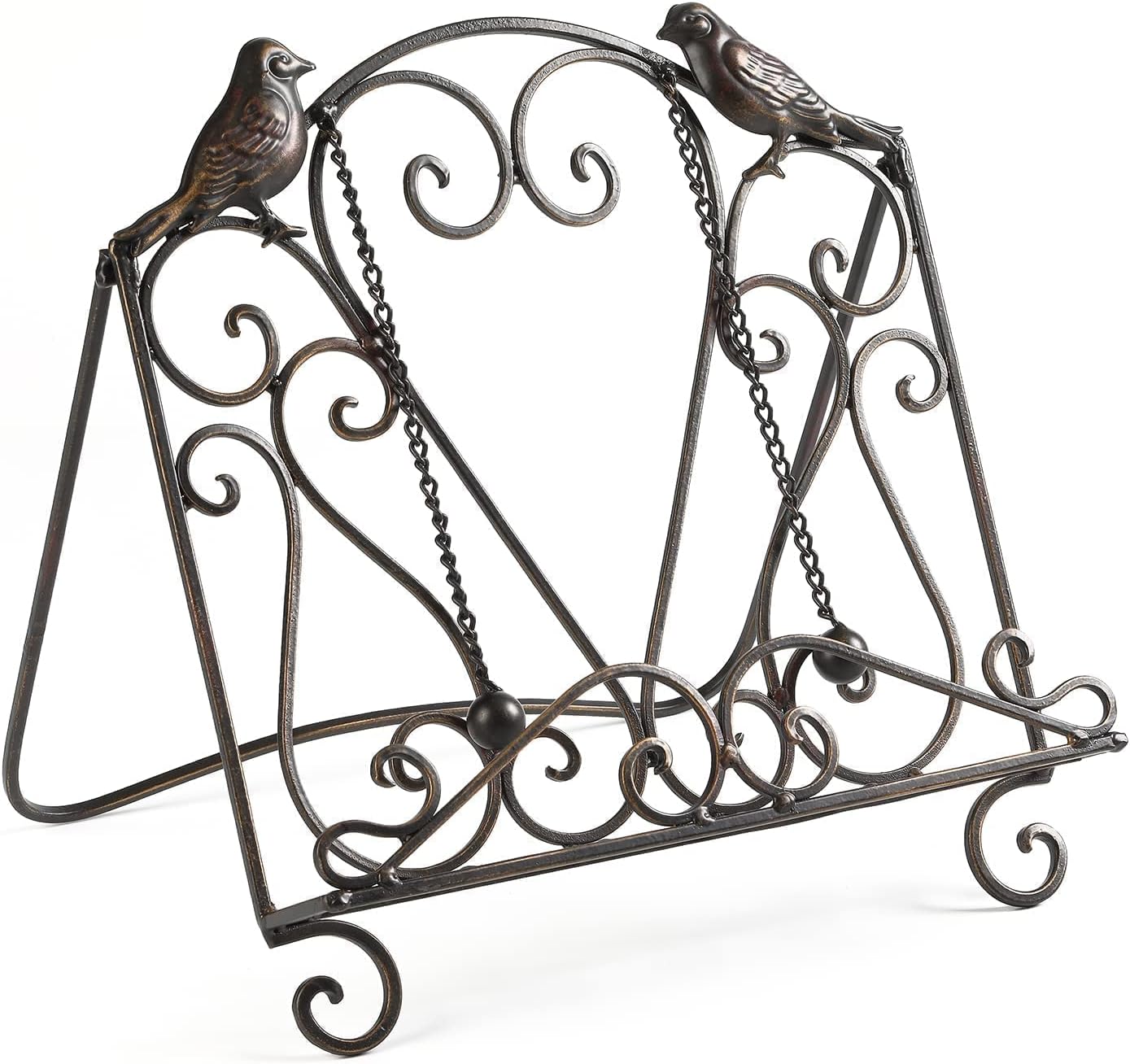 Metal Cookbook Stand Clearance Recipe Book Holder for Kitchen (Birds/Vintage Scrolls, Bronze)
