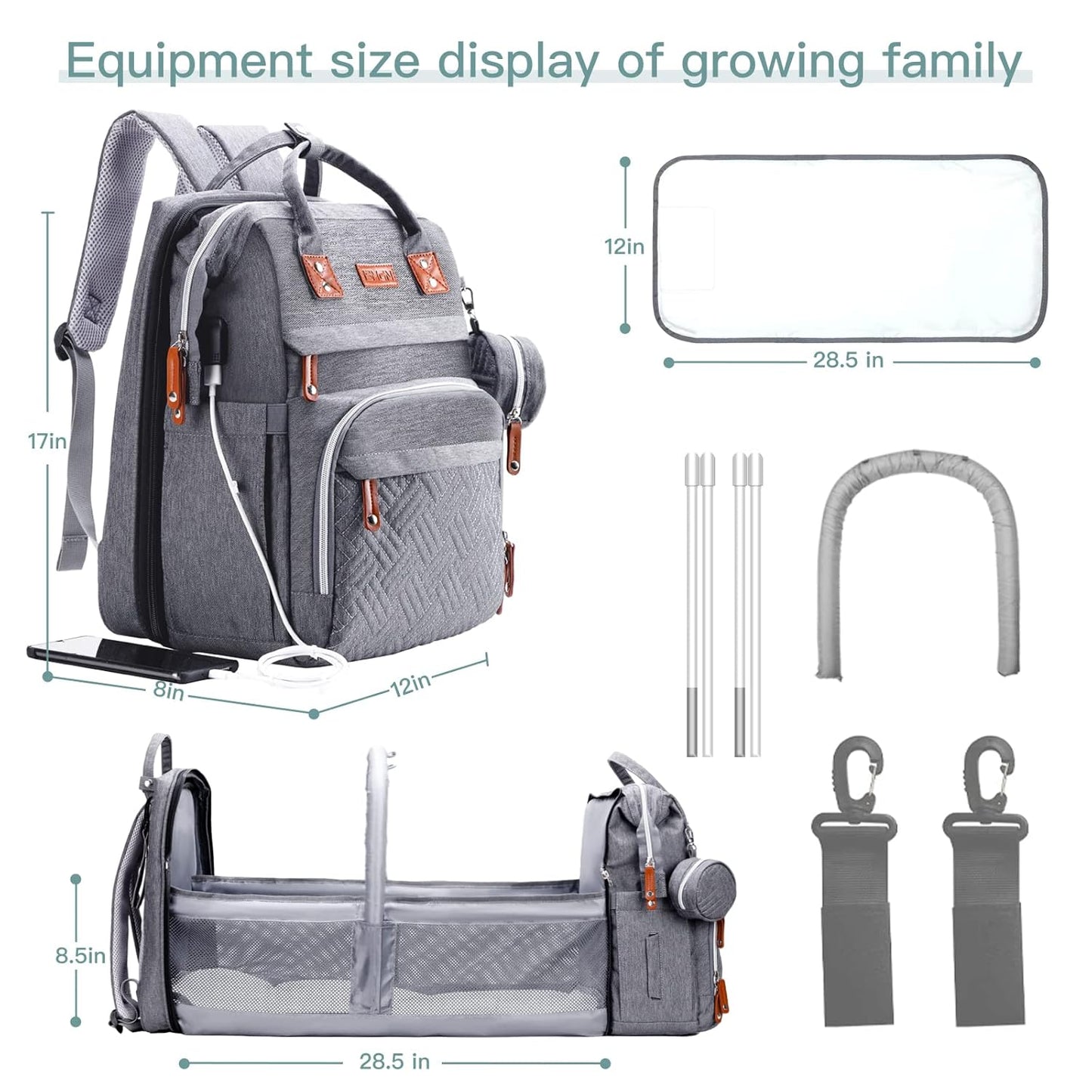 Diaper Bag Backpack with Changing Station, Large Diaper Bag, Baby Bag, Multifunctional Diaper Bag, Gray