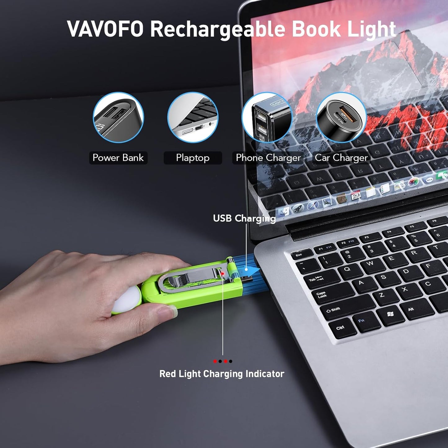 VAVOFO USB Rechargeable Book Light, Blue Light Blocking, Amber Light Clip On Bookmark Shaped Reading Light, Eye Care 6 LEDs Book Light for Bookworms Reading in Bed with 9 Lighting Modes (Neon Green)