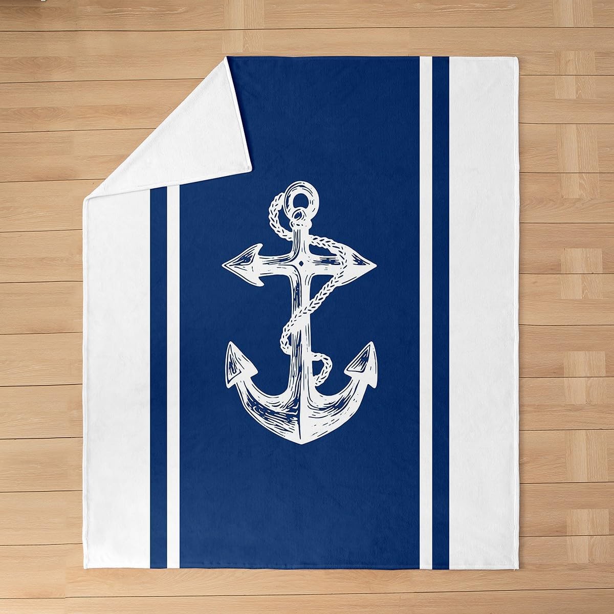 Feelyou Anchor Decor Stripes Blue White Flannel Fleece Throw Blanket 40"x50" Ocean All Season Bed Blanket for Sofa Couch Nautical Themed Fuzzy Blanket Breathable Nautical Plush Blanket Room Decor