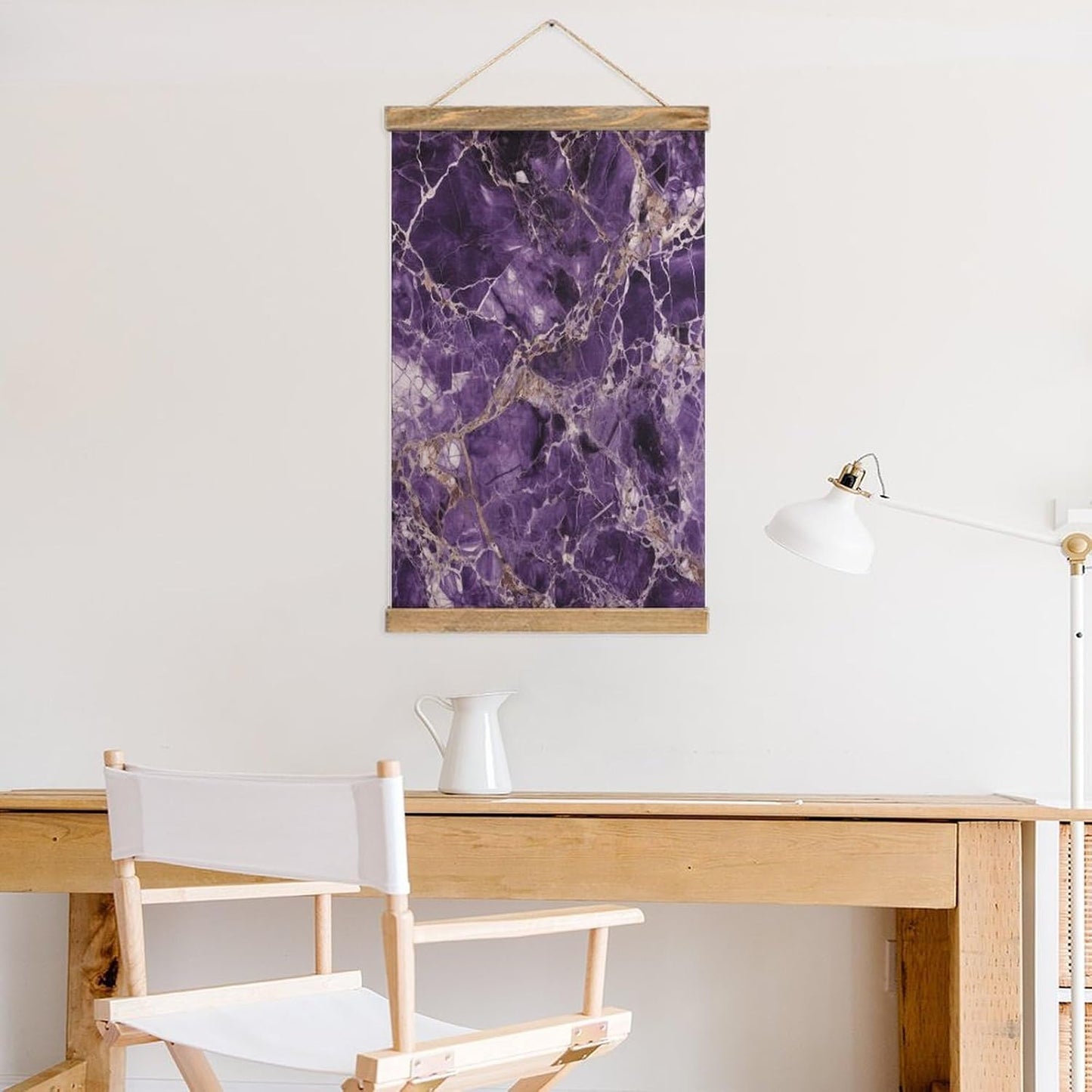 Vintage Marble Purple Poster with Wooden Frame Personalized Linen Hanging Scroll Painting Rustic Wall Hanging Illustrative Modern Artwork Decor for Home Living Room Bedroom Office