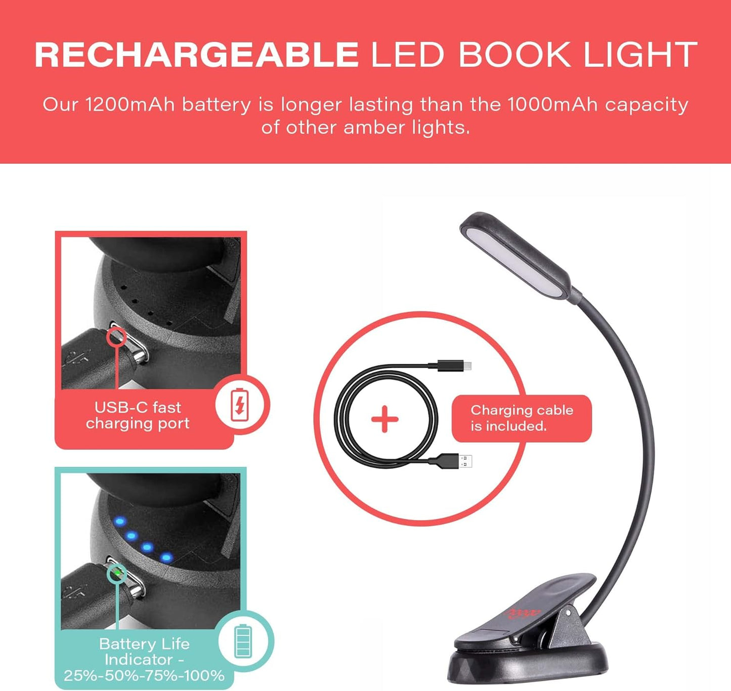 hooga Amber Book Light – Blue Light Blocking Reading Light for Bed, Stepless Dimming, Rechargeable Clip-On Night Light, 1600K Amber & 625nm Red LED for Night Reading