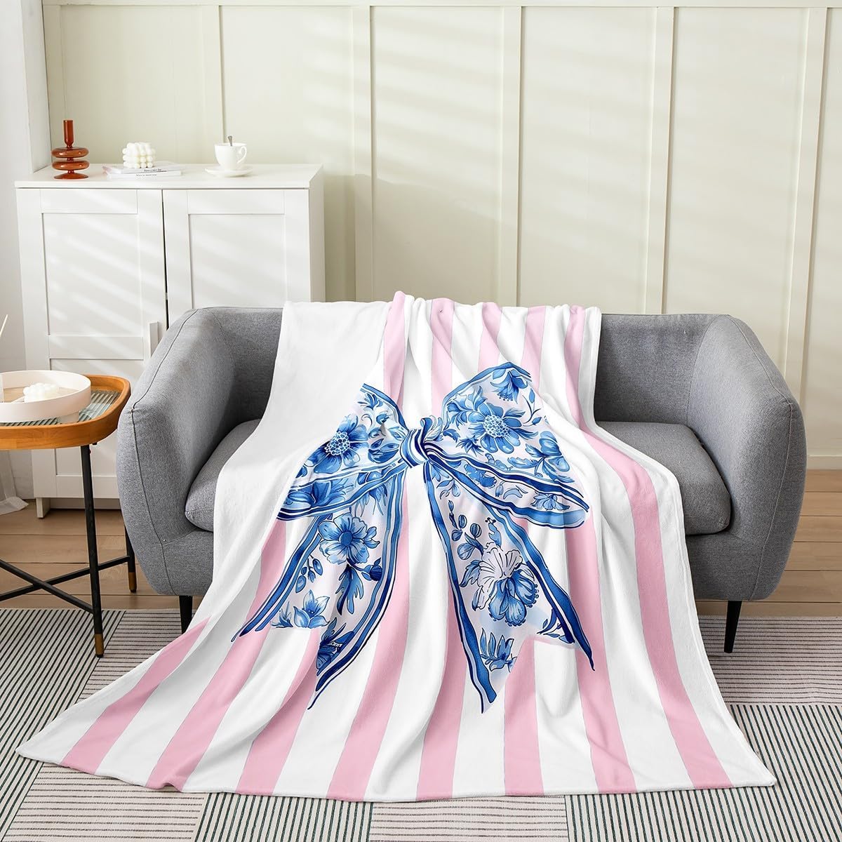 Feelyou Coquette Chinoiserie Bow Flannel Blanket Plush Fuzzy Blue and White Floral Fleece Throw Blanket Pink Bow Plush Lightweight Sofa Throw Modern Aesthetics 40"x50" Stripes Pattern for Living Room