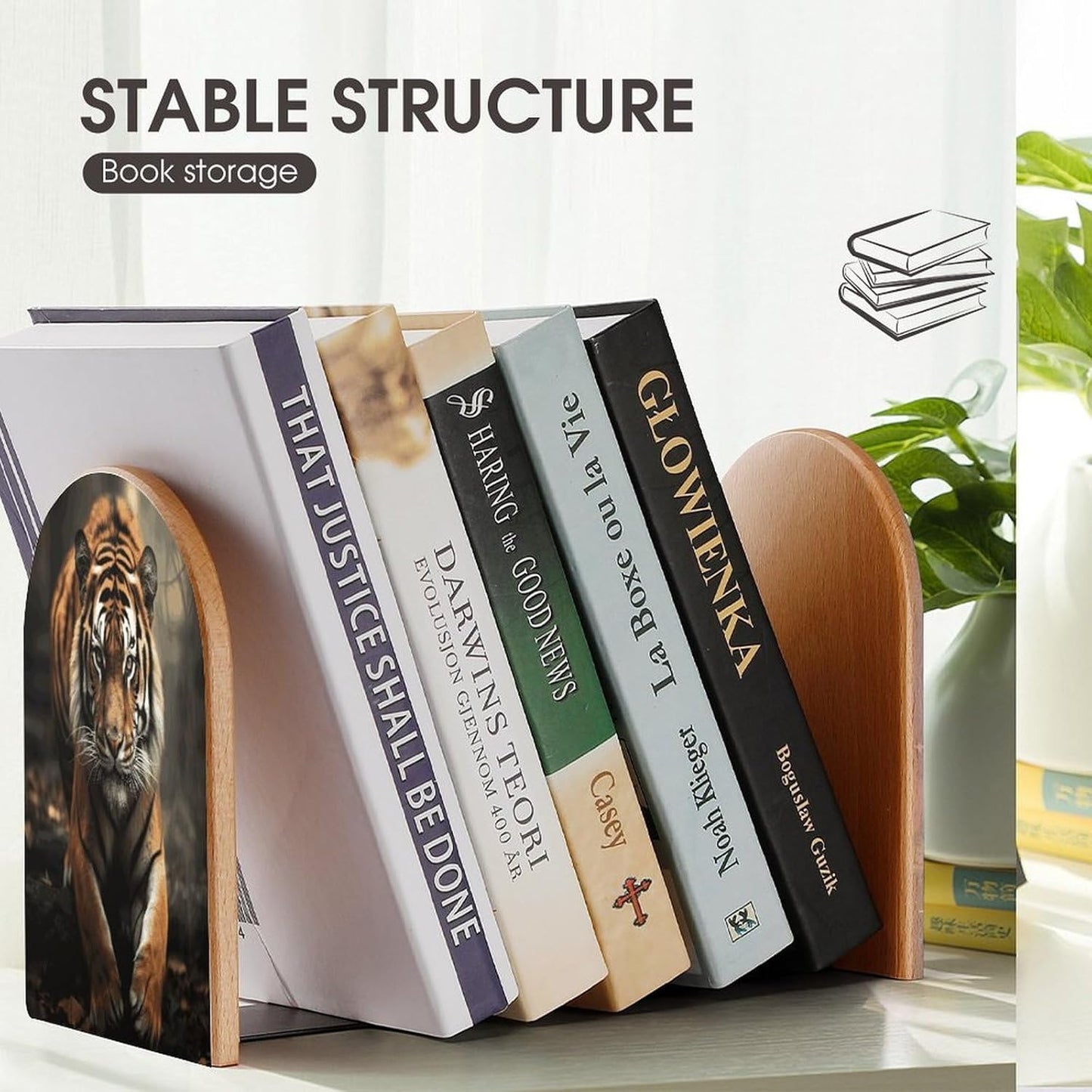 Wild Animals Tiger Bookend for Shelves Wooden Book End Large Size Sturdy Book Holders Stoppers with Metal Base for Bookshelves Slick Decorative Bookends Stands