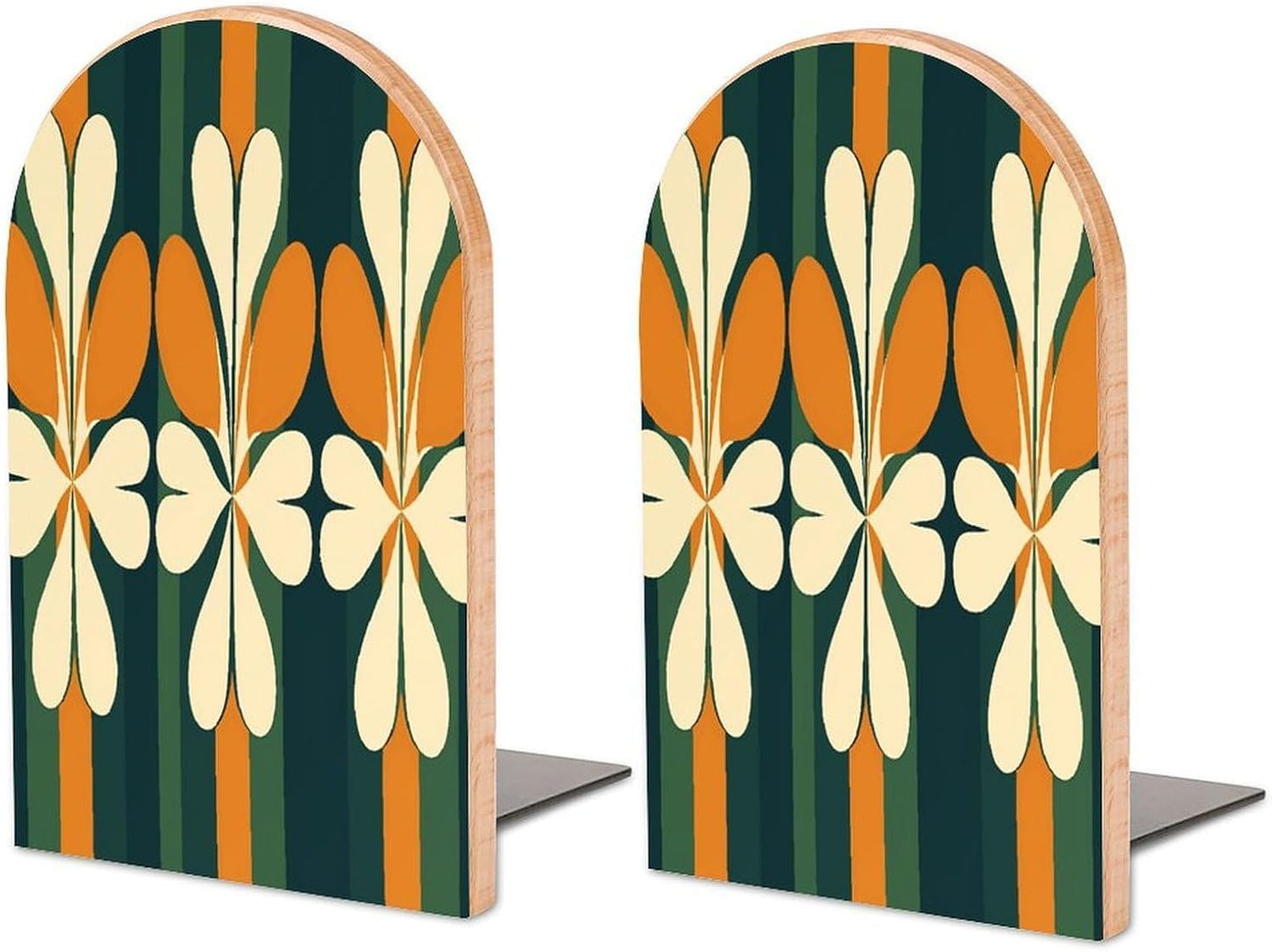 Non-Slip Bookend for Shelves Repeating Pattern Wooden Bookends with Metal Base Decorative Book Stopper for Home Heavy Duty Wood Book Storage for Books/CDs