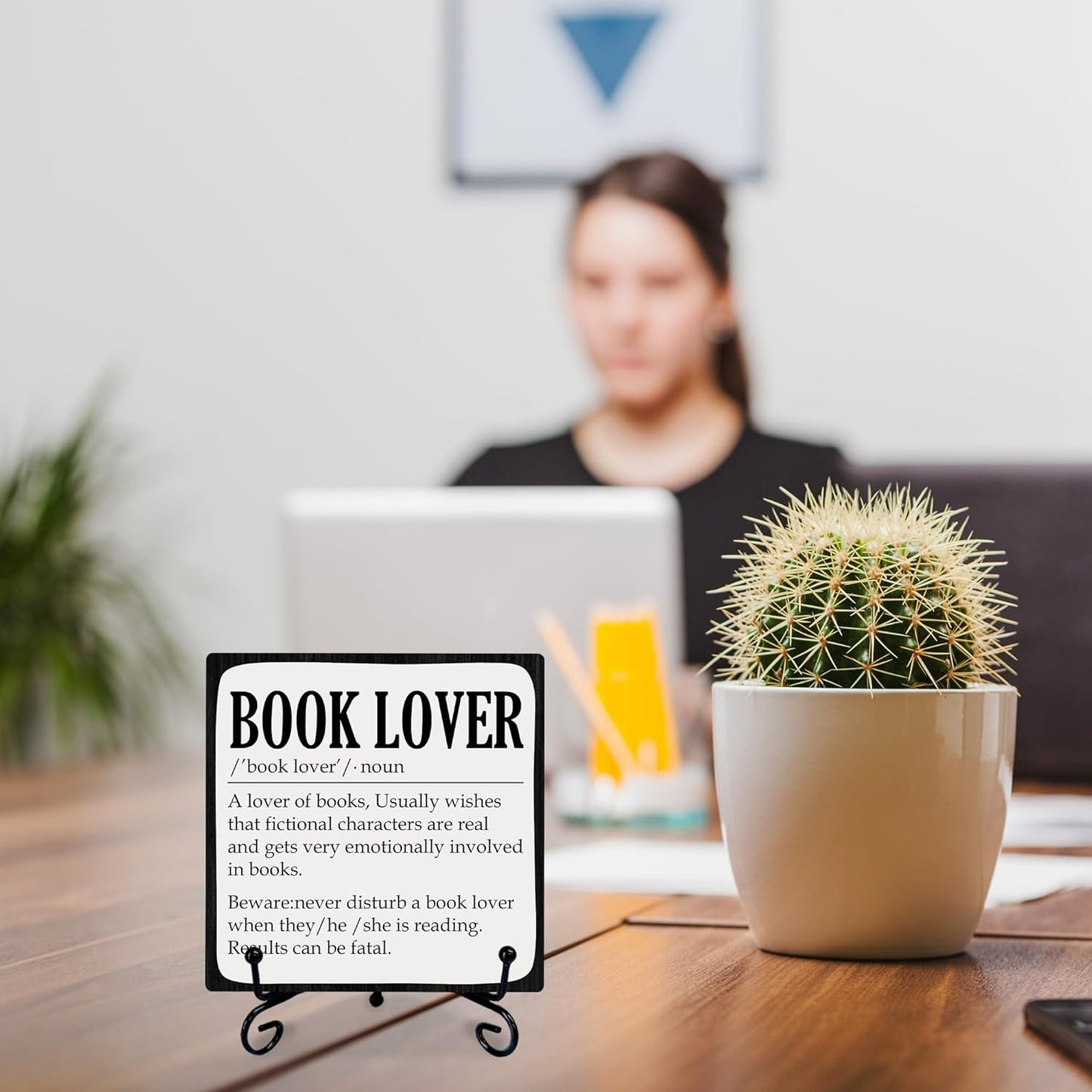 Reading Lover Wooden Plaque - Book Lover Wooden Sign with Metal Stand, Inspirational Library & Bookshelf Decor for Home, Office Desk - Gift for Women, Men, Readers(5x5 Inches)-A01