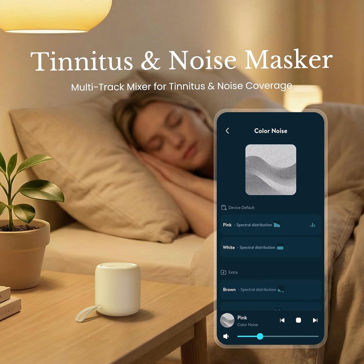 White Noise Sound Machine & Alarm Clock: Color Noises and Custom Soundscapes, App Control, Sleep Schedule, Multiple Alarms, 100 Volume Levels, Built-in Battery