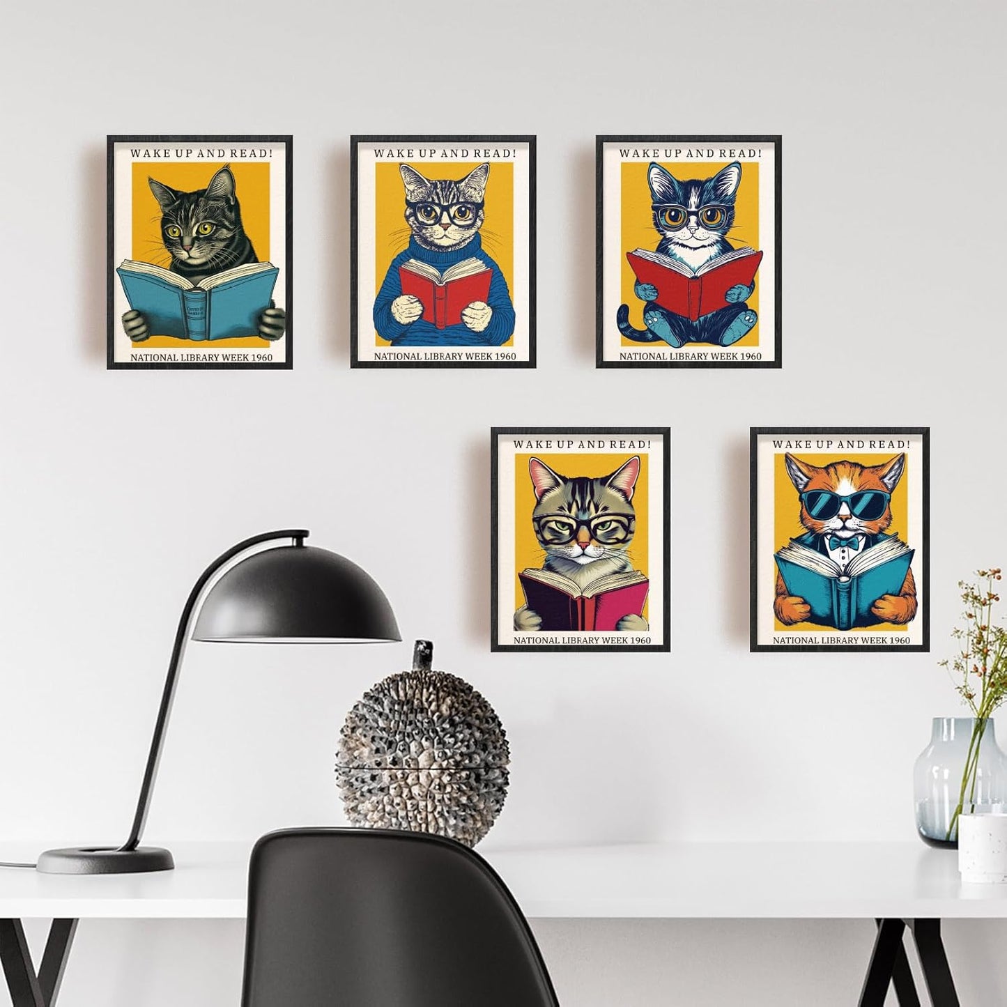 INFUNLY 9pcs Cat Reading Wall Art Prints Vintage Cool Cat Pictures Poster 8"×10" Reading Books Artwork Decor Unframed Canvas Poster Prints Aesthetic Wall Art for Bedroom Bookworm Library Home Decor