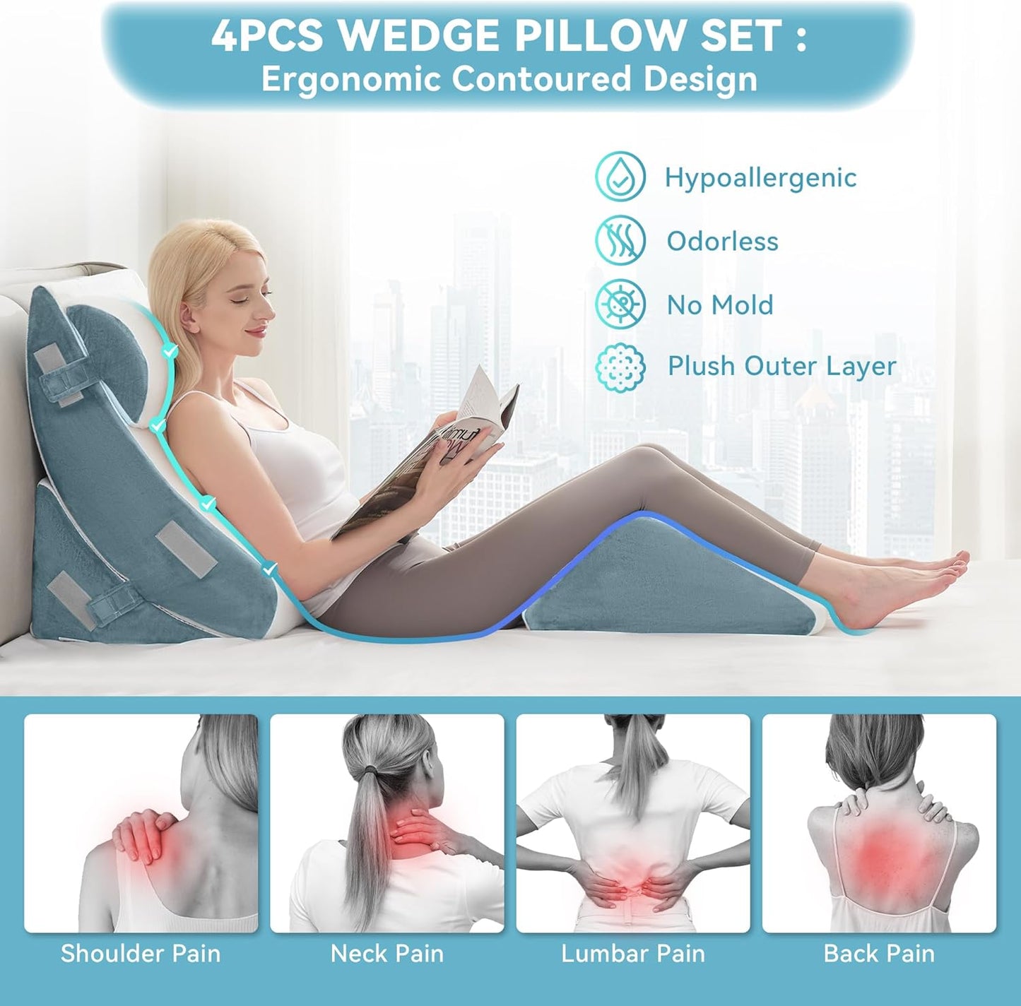 Kingfun 4PCS Orthopedic Bed Wedge Pillow Set for After Surgery, Memory Foam Support Pillow for Back, Neck and Leg Pain Relief, Adjustable Triangle Pillow - Acid Reflux, Anti Snoring & GERD