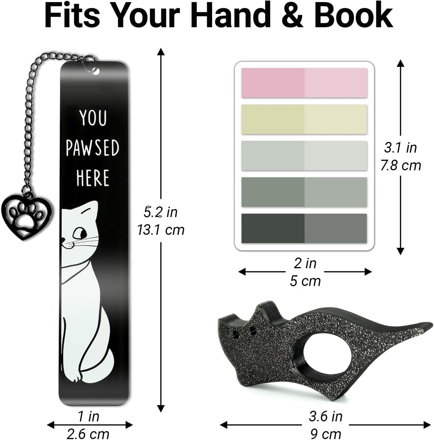 Cat Bookmark Set, Metal Cute Book Page Holder with Thumb Design & Index Tabs, Hands-Free Reading Accessories, Perfect Gift for Book Lovers
