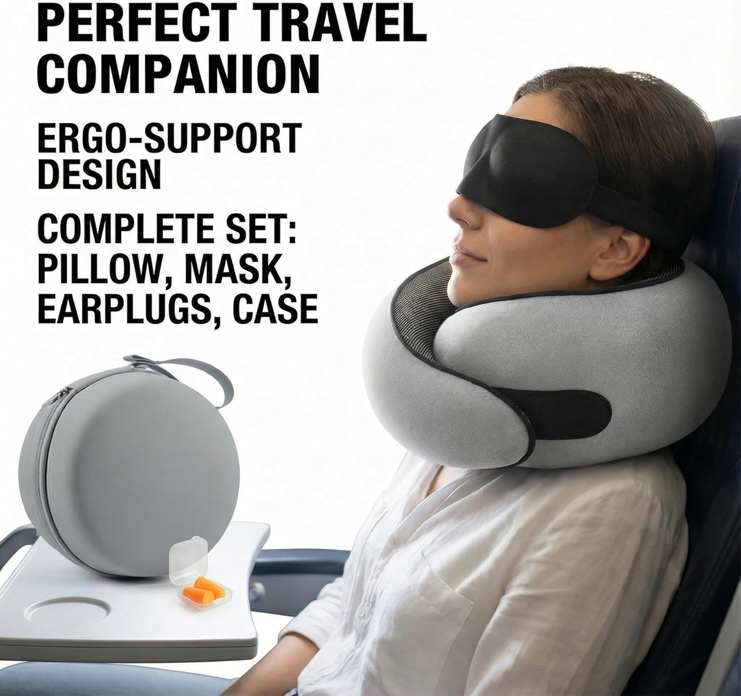 Travel Neck Pillow with Memory Foam & Chin Support – Includes Cute Macaron EVA Water-Resistant Carry Case, Eye Mask & Ear Plugs (Light Grey)