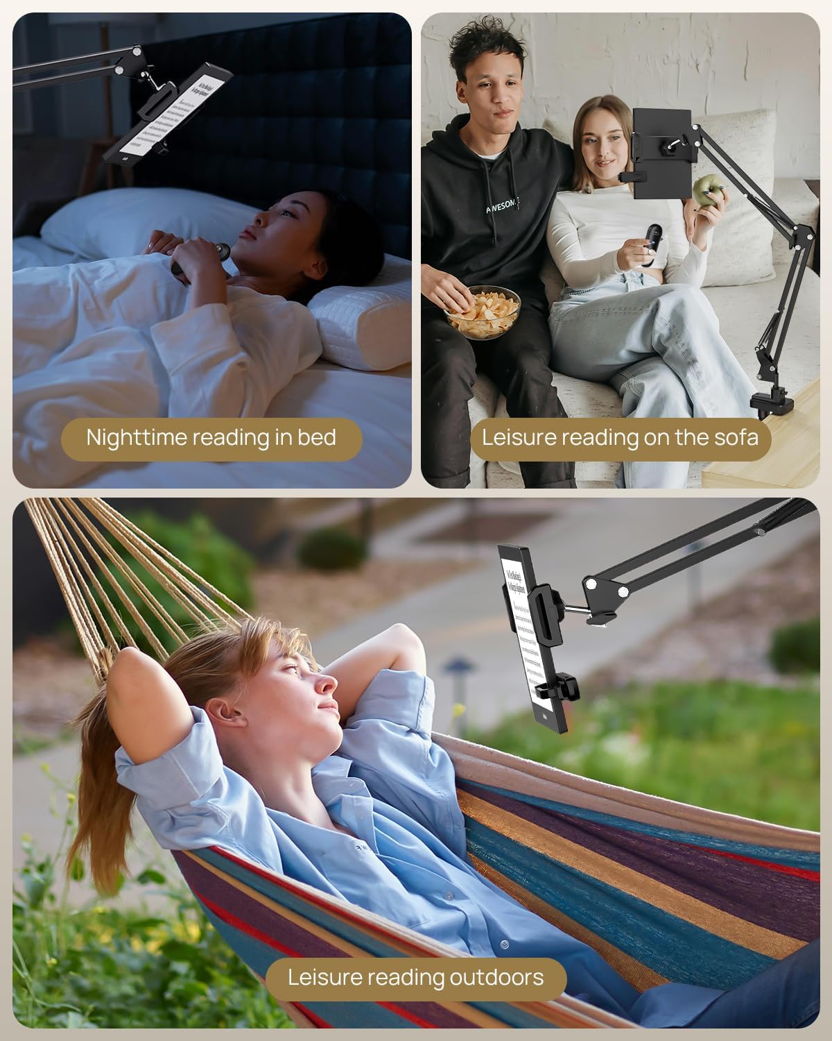 Kindle Holder with Remote Page Turner – Kindle Stand with Remote Page Turner for Bed, Hands-Free Clip Mount, Easy-Adjust Steel Arm (Not Gooseneck), No Text Blocking